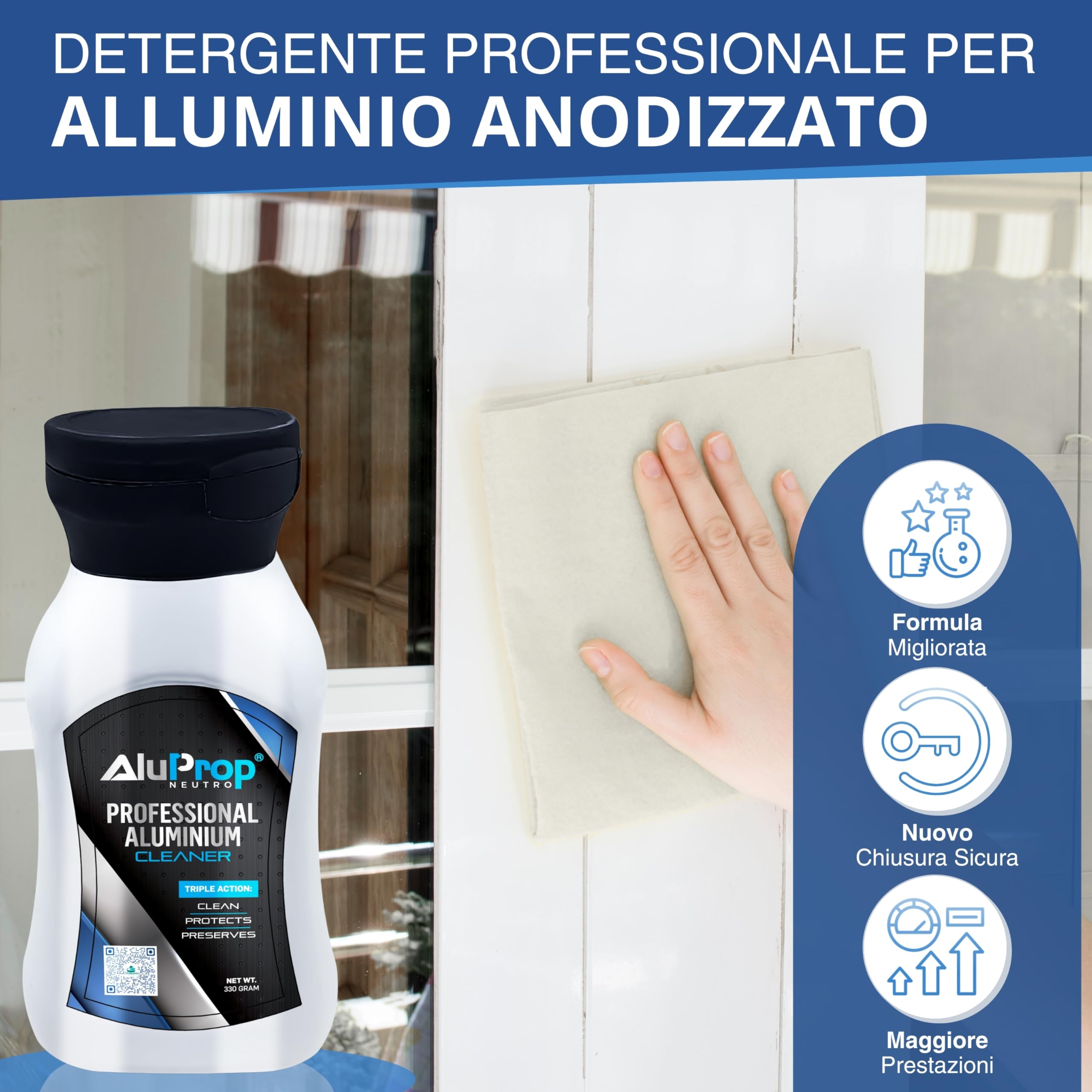 NEUTRO 8 x 330 g | Detergente per alluminio anodizzato e verniciato a polvere | Rinnova lucentezza e colore | Finestre, porte e telai | Senza acidi | Pulizia esterna dell’alluminio