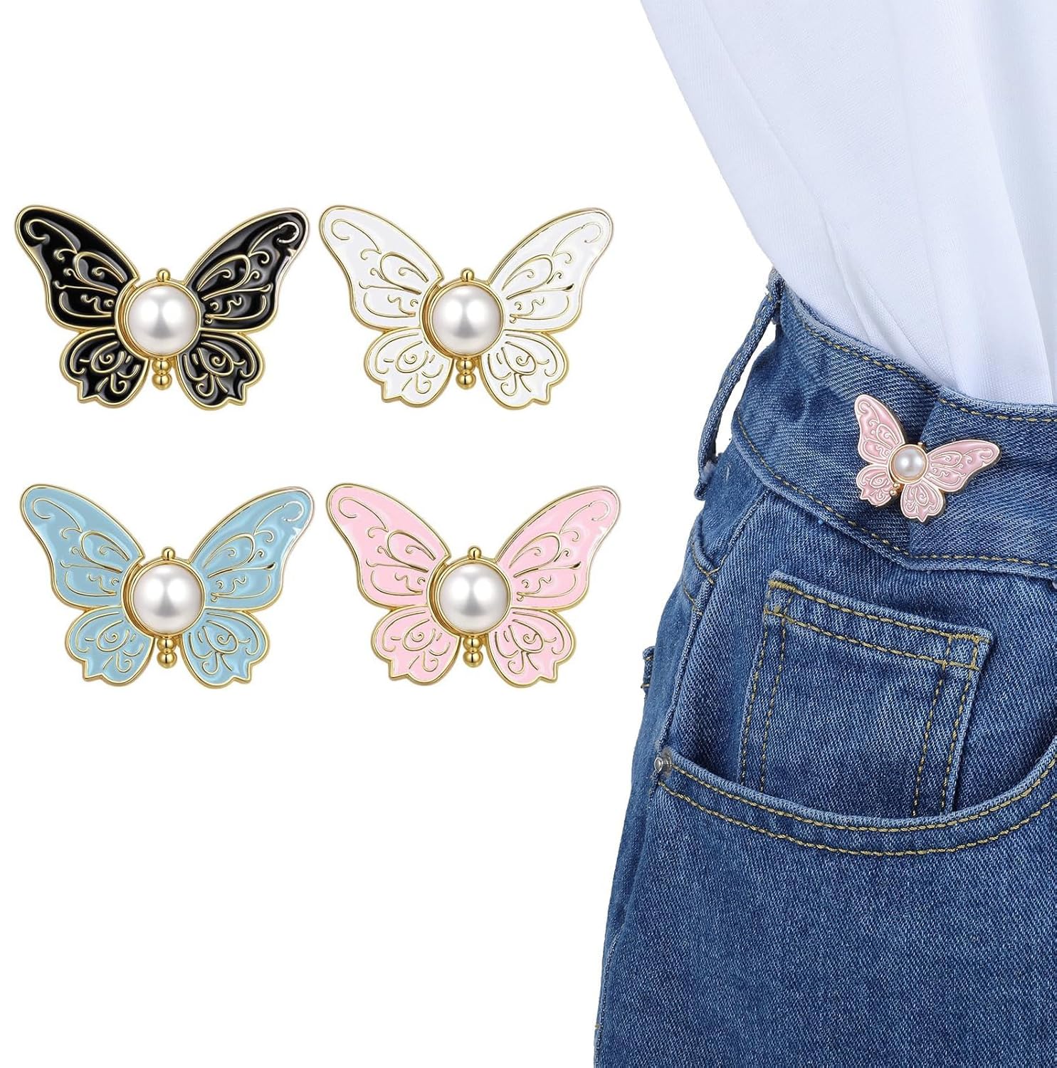 Kawn® 4pcs Butterfly Waist Button Pins for Loose Jeans | No-Sew Adjustable Detachable Buttons for Pants & Skirts