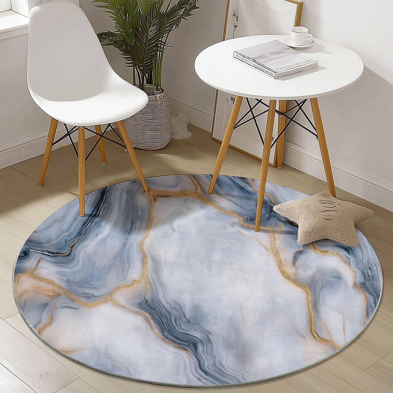 Tappeto Rotondo Moderno e Minimalista Effetto Marmo, 120 cm, Grigio, per Soggiorno, Area Circolare con Retro Antiscivolo, Lavabile, Morbido Tappeto Stampato per Camera da Letto, co