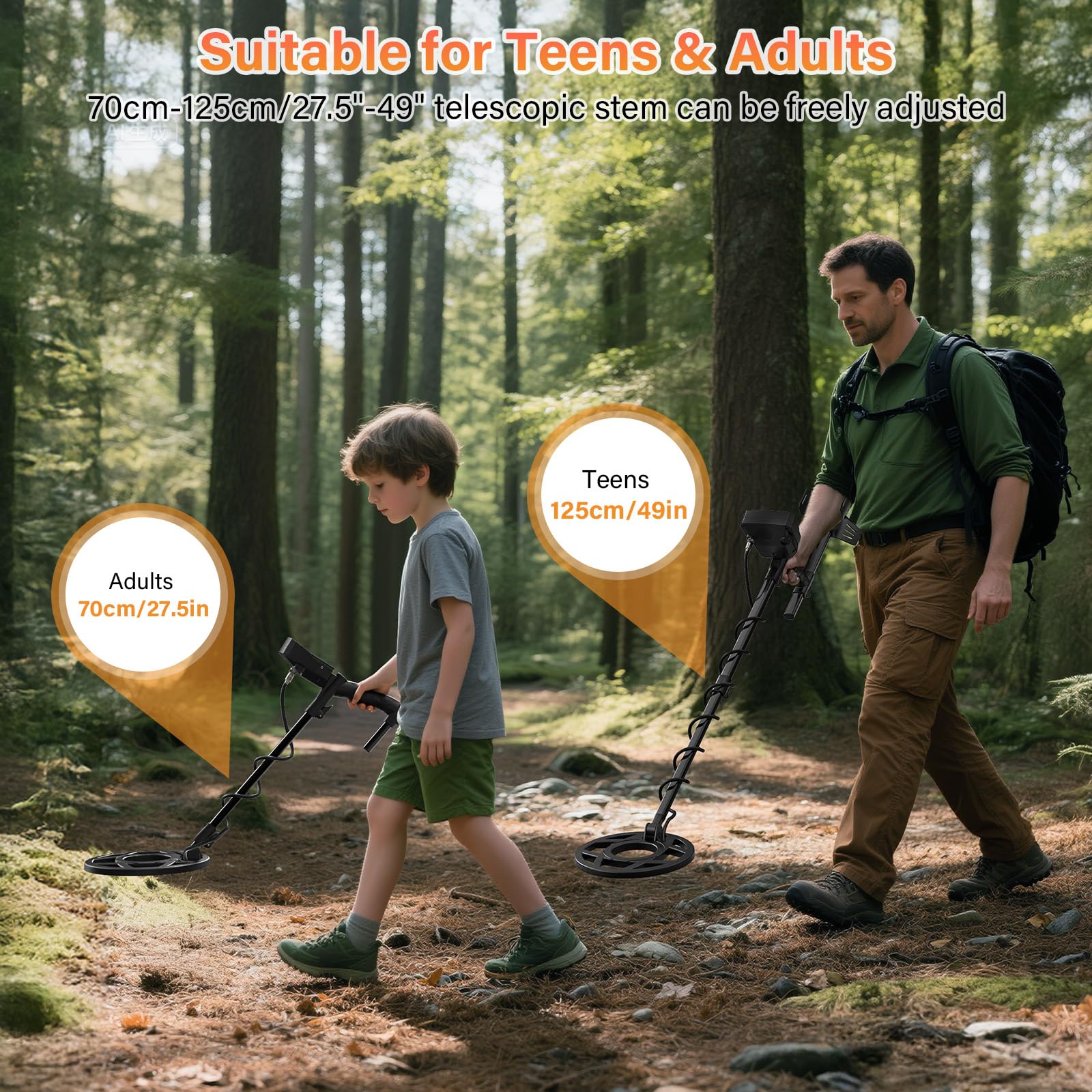 OMMO Détecteur de Métaux Professionnel pour Adultes, Orange | Rechargeable USB, 6 Modes, Haute Précision, IP68 Bobine Étanche avec Pelle