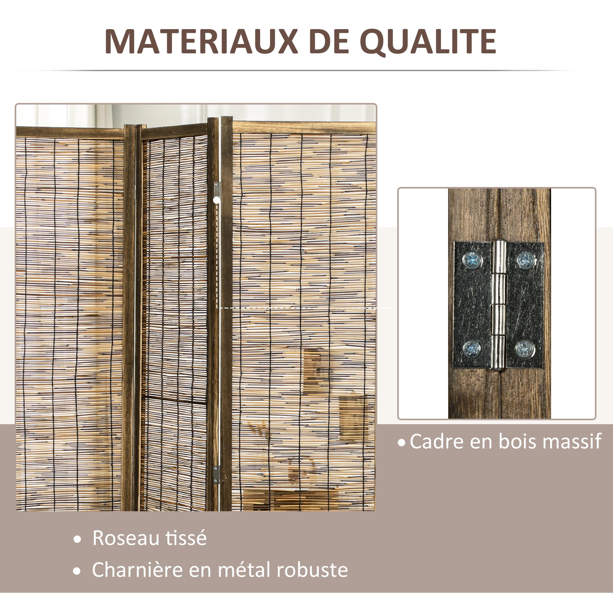 HOMCOM Paravent en Bois 4 Panneaux Pliable 160 x 170 cm Naturel | Séparateur de Pièce, Closion de Séparation