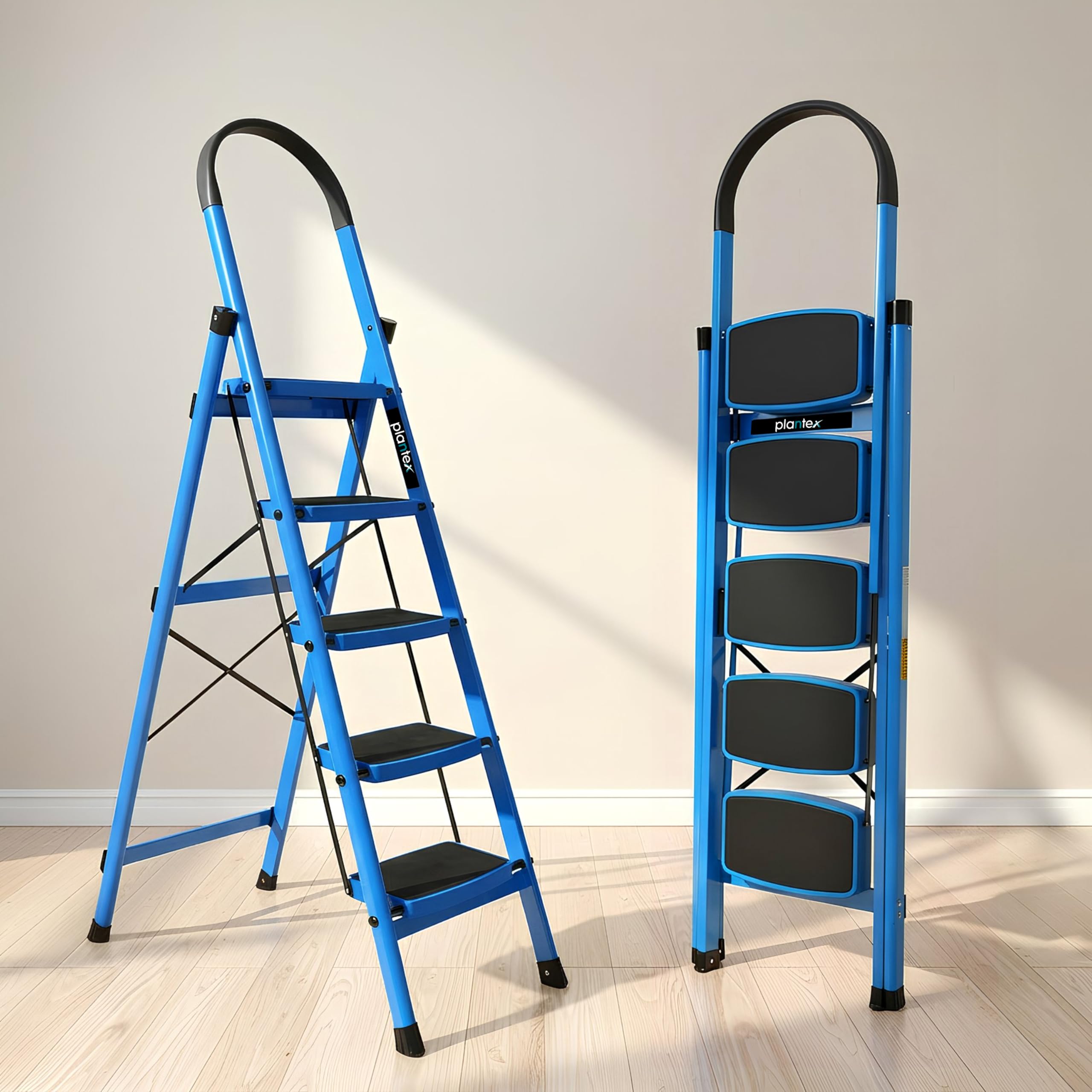 Premium Steel Foldable Step Ladder - Wide Anti Skid Steps (Blue)