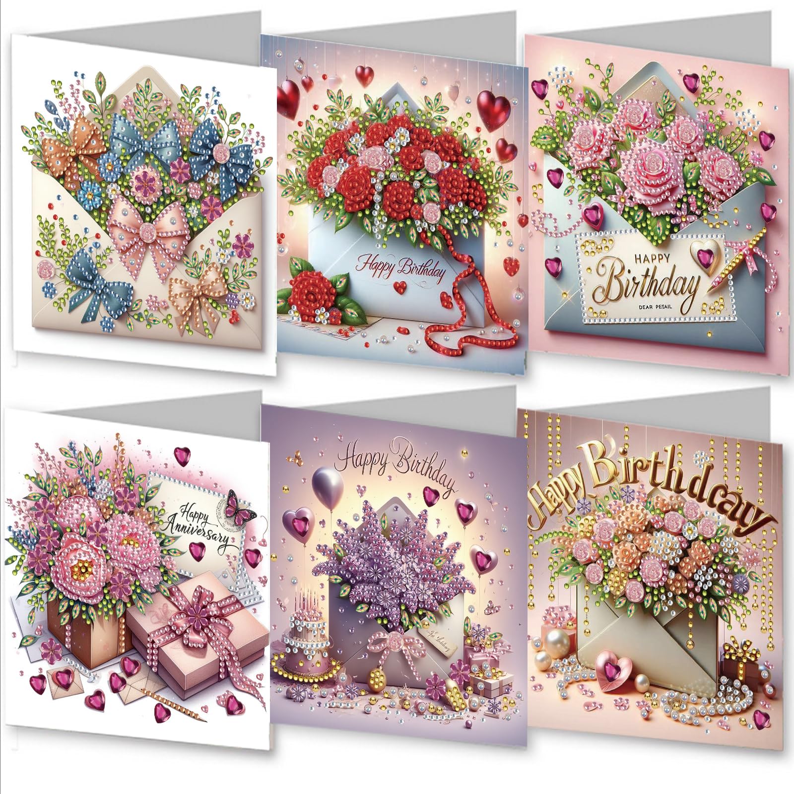 Awesocrafts Flowers 6Pcs Diamond Art Christmas Cards Kits Diy Diamond Painting Cards Sets, 5D Diamond Art Cards With Envelopes, Postcards For Handmade, Xmas 30 * 15Cm (Flowers)
