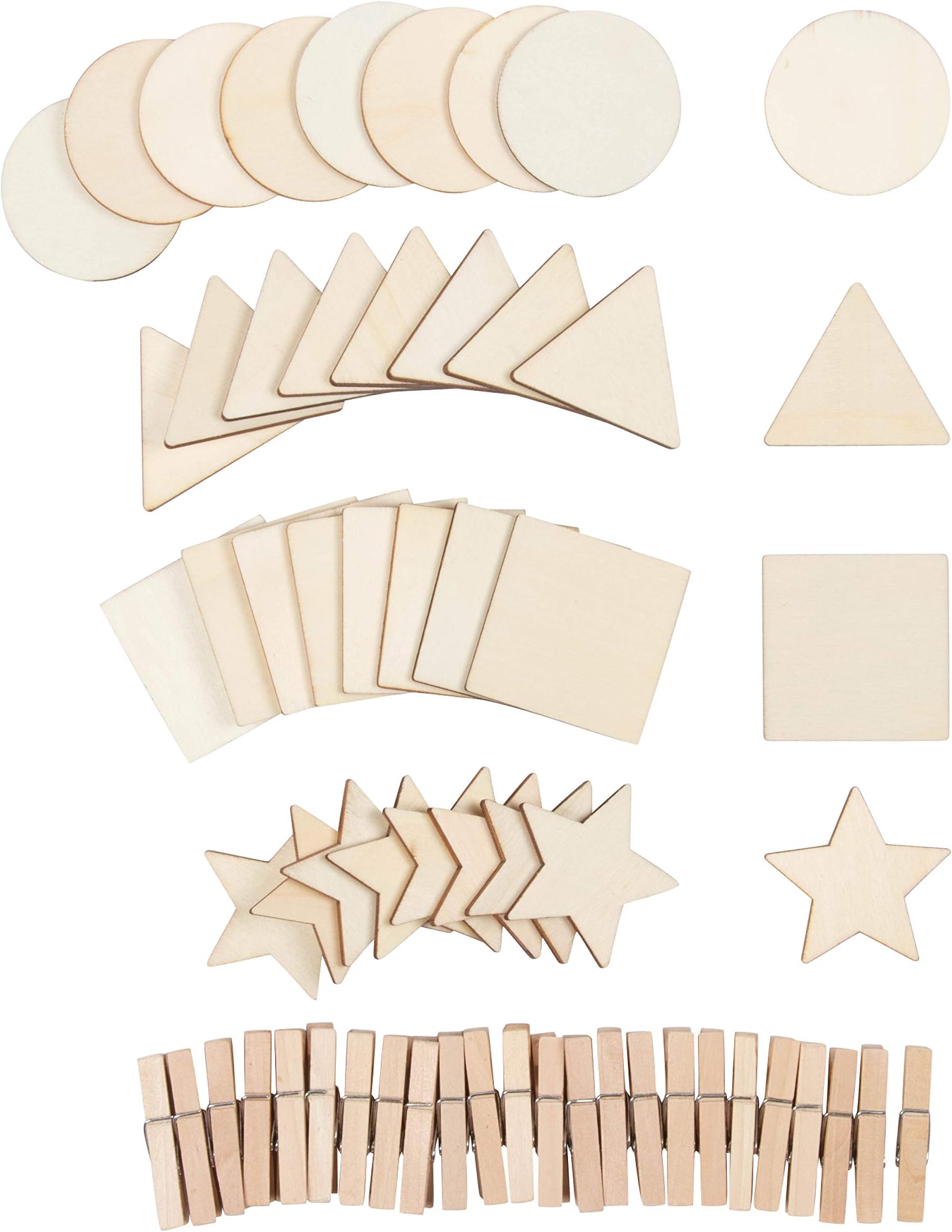 60-Piece Unfinished Wood Shapes Assortment with Clothespins - 2-Inch Square Circle Star Triangle Cutouts, for Kids DIY Craft