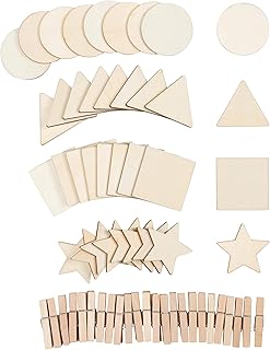 Genie Crafts Unfinished Wood Shapes Assortment with Clothespins - Square Circle Star Triangle Cutouts, for Kids DIY 60-Piece, 2 Inches brown ZECGY