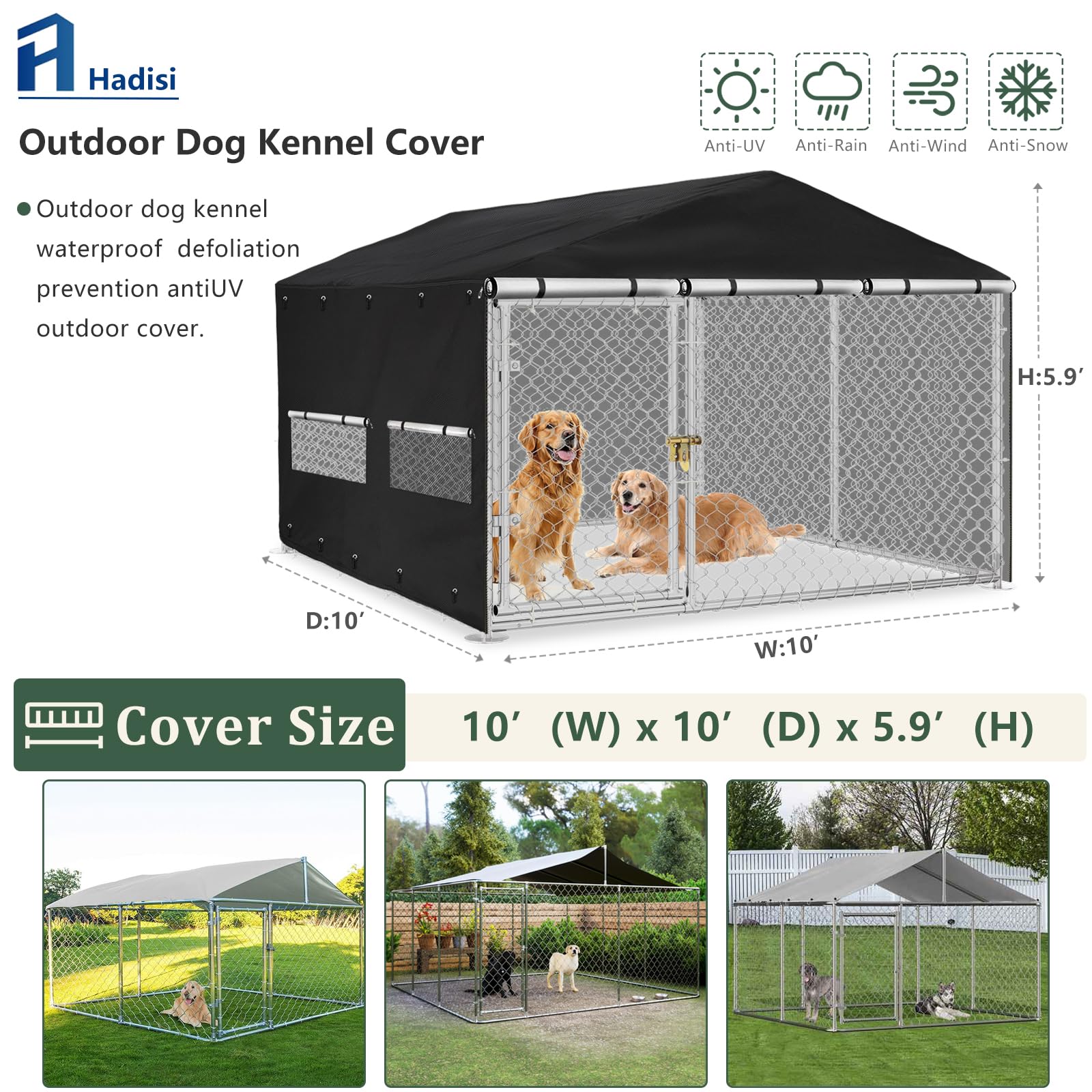 Hundehüttenabdeckung für den Außenbereich, 3 m T x 3 m B x 1,8 m H, vollständige Abdeckung, winddicht, UV-Schutz, mit transparentem PVC-Fenster und atmungsaktivem Netz. Wasserdichte