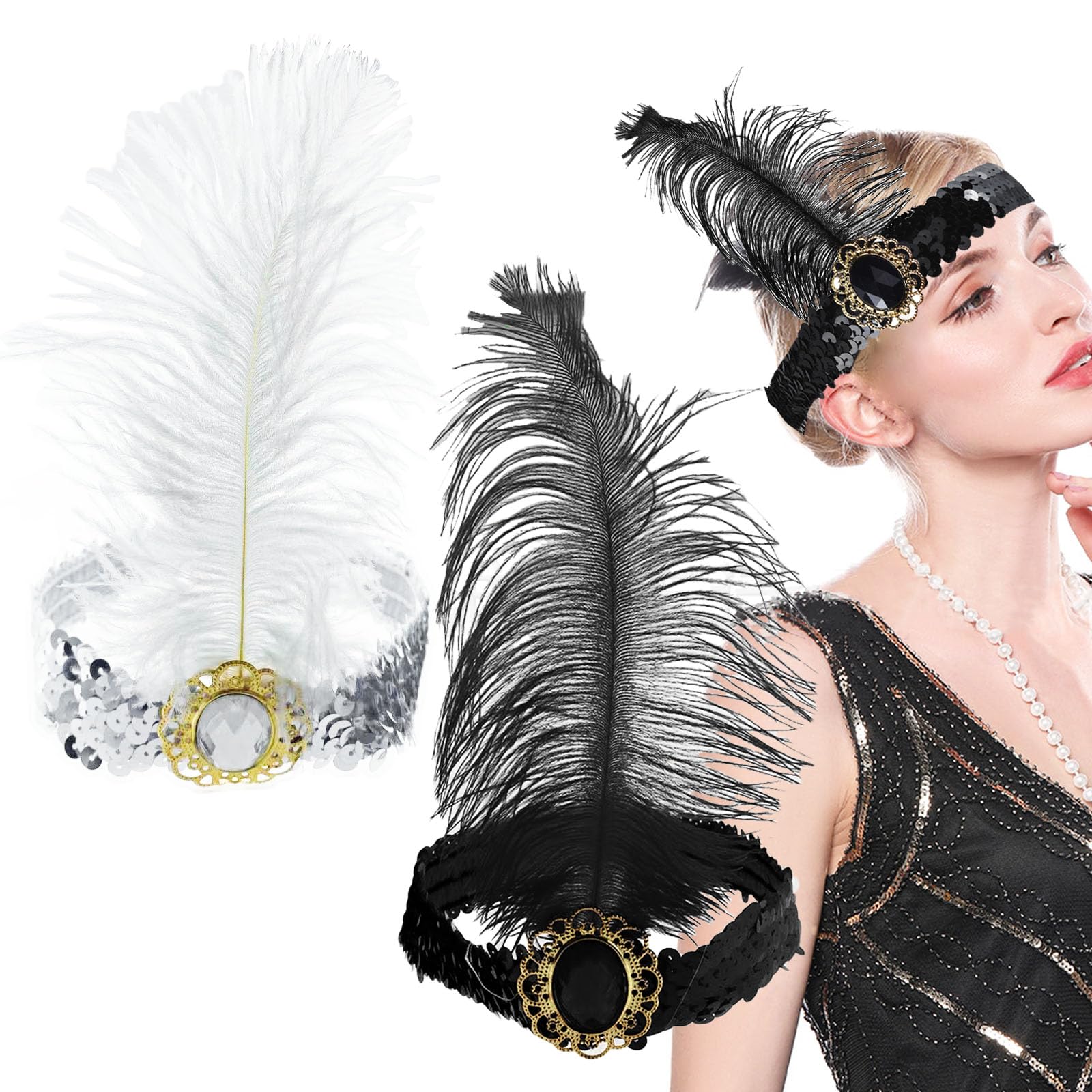 Qusmeiyici 2PCS 1920s Headbands for Women Peacock Feather Sequins Headband Rhinestone Crystal Gatsby Flapper Headpiece Vintage Rhinestone Hair Accessories for Costume Party (Black+White)