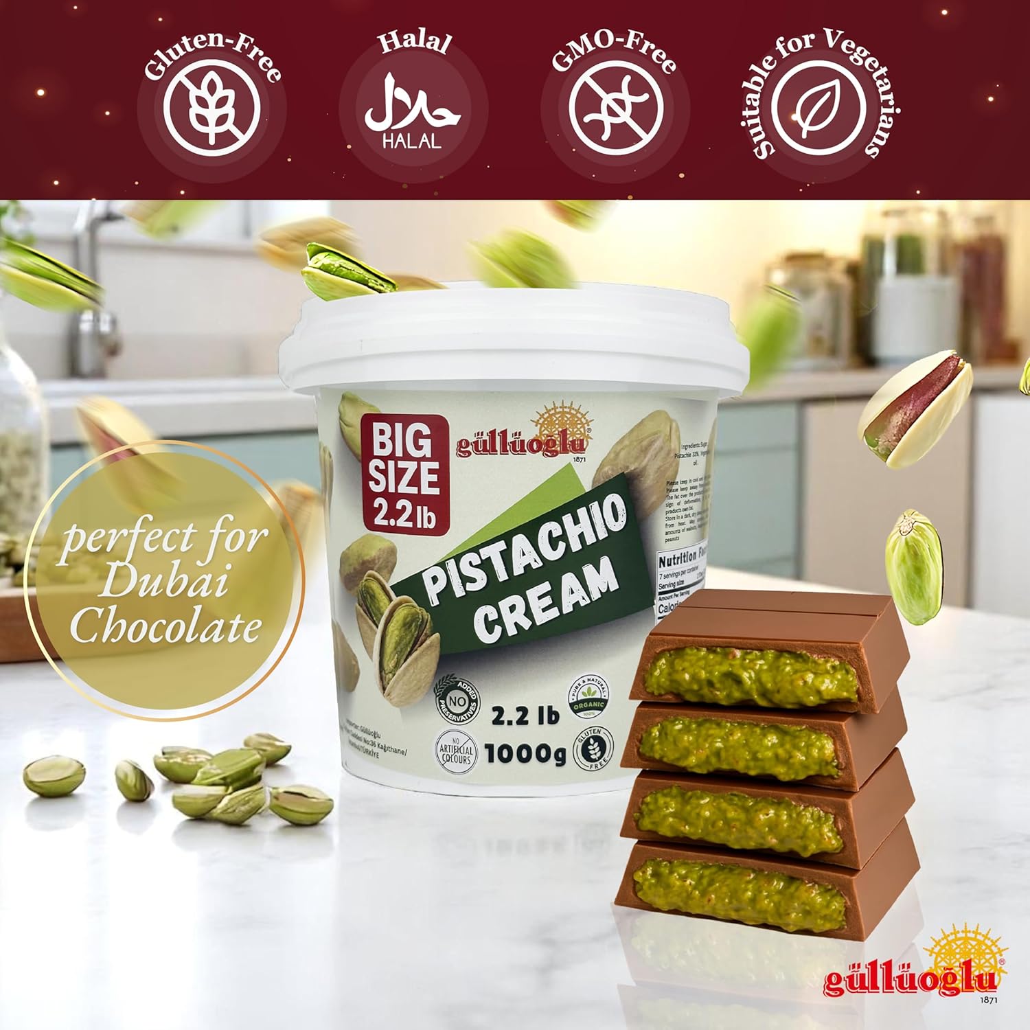 Pistachio Cream Bulk Tub - 2.2lb / 1 kg Gulluoglu Premium Cream For Dubai Chocolate, Best options Pistachio Butter, Perfect Taste For Dubai Chocolate 35.2 ounce