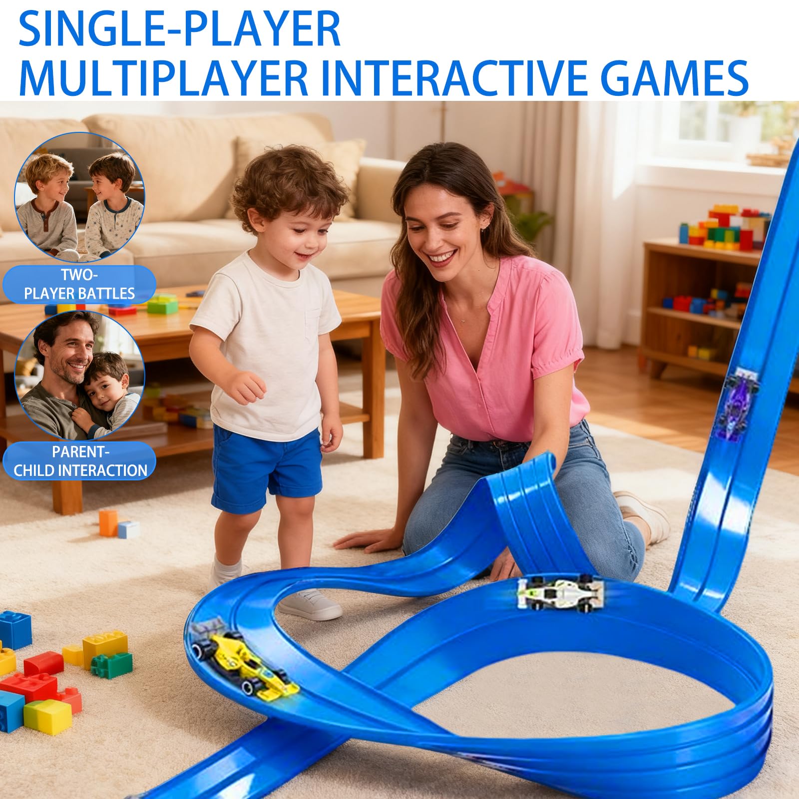 Piste Macchinine per Bambini 5M, Giocattolo Piste da Corsa con 4 Auto, Portatile per Salti Loops Circuito di Corse per Bambini con Rampa, Portatile Pista per 3+ Anni