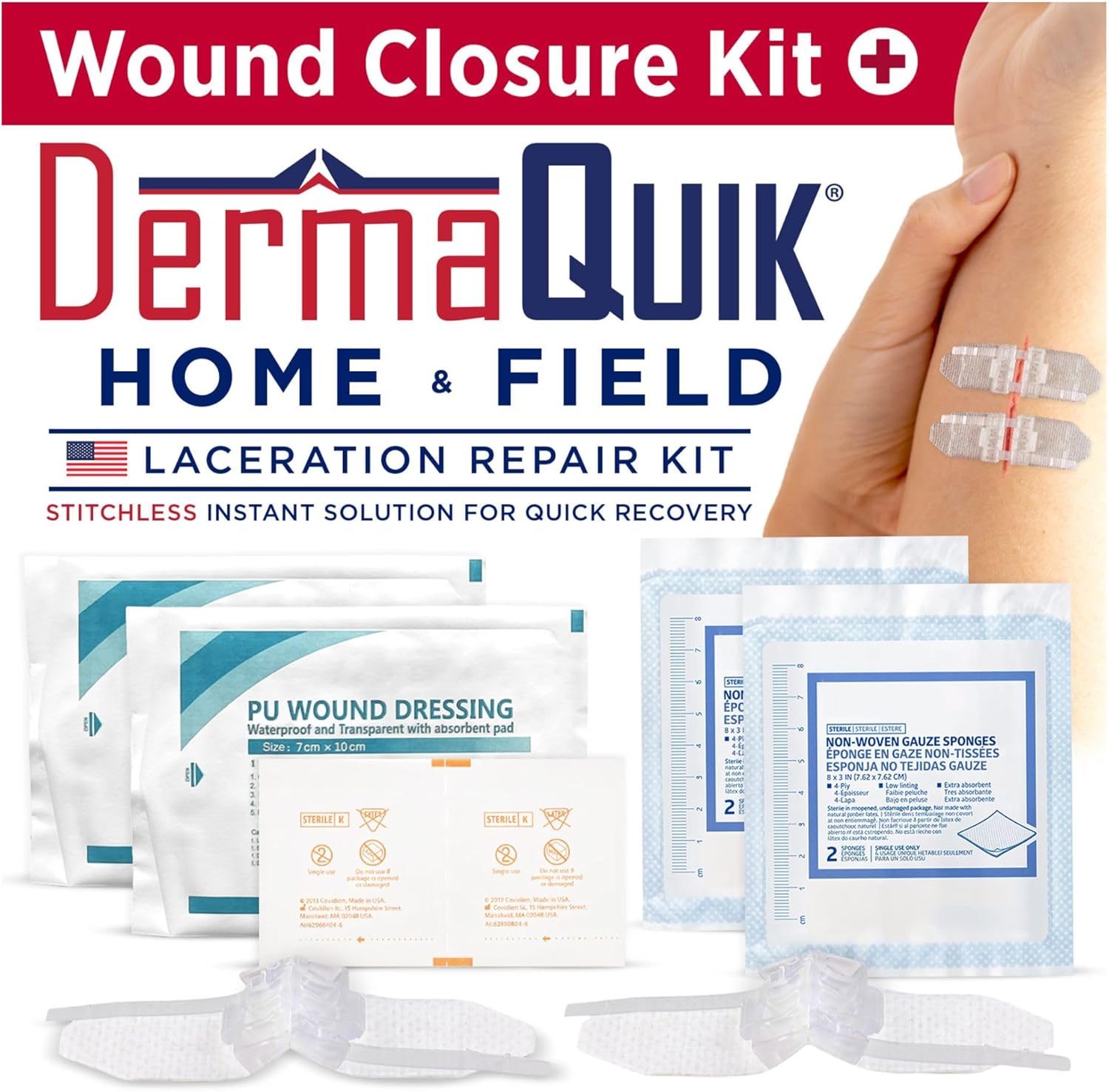 Home & Field Laceration Repair Kit by DermaClip - 8-Piece Complete Emergency Wound Closure Device Set - Includes Zip Stitchless Strips, Gauze & Dressings in Waterproof Pouch