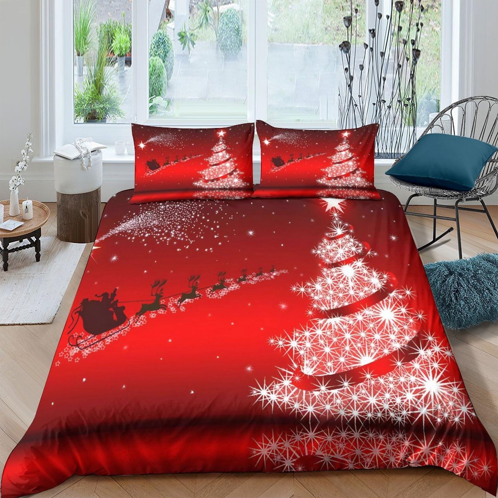 Ctjqhvkz Style-5 3D Printed Red Christmas Tree Fitted Sheet Microfiber Santa Sleigh Bed Cover For Bedroom Dorm Easy Care Modern Decor Single（135X200cm）