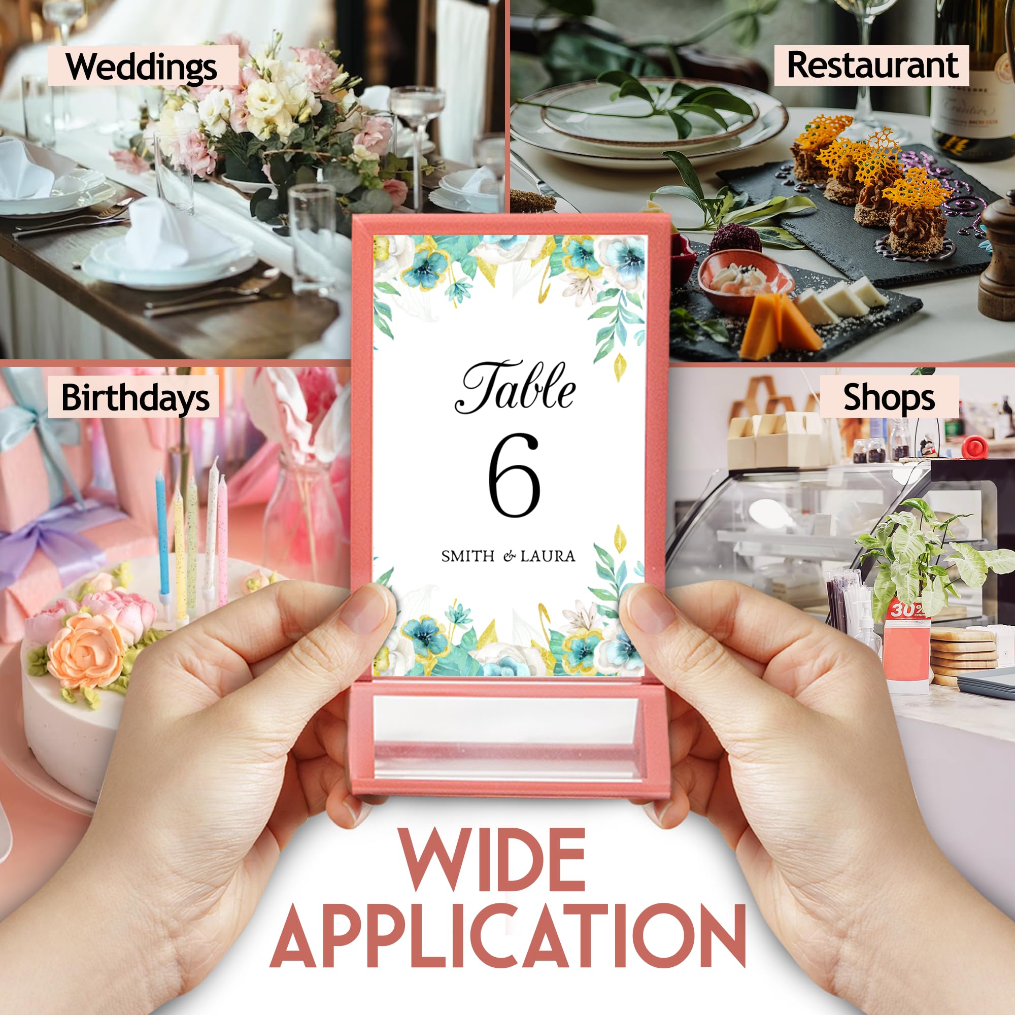 Acrylic Sign Holders 5x7 Inch - Double Sided Display Stands With Stickers, Rose Gold Frame (6 Pack)