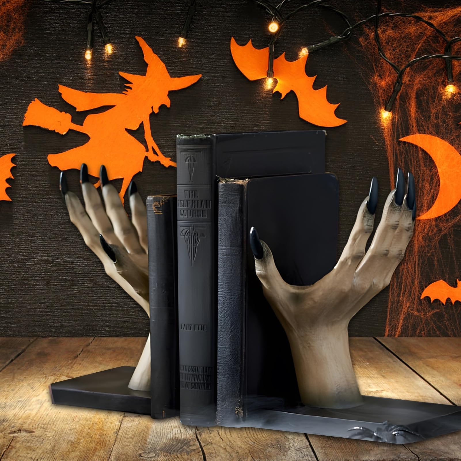 Gruselige Hexenhand-Buchstützen (1 Paar) – Halloween-Deko, Bücherregal-Halter, Gothic-Dekoration Aus Kunstharz – Ca. 12x13x18 Cm