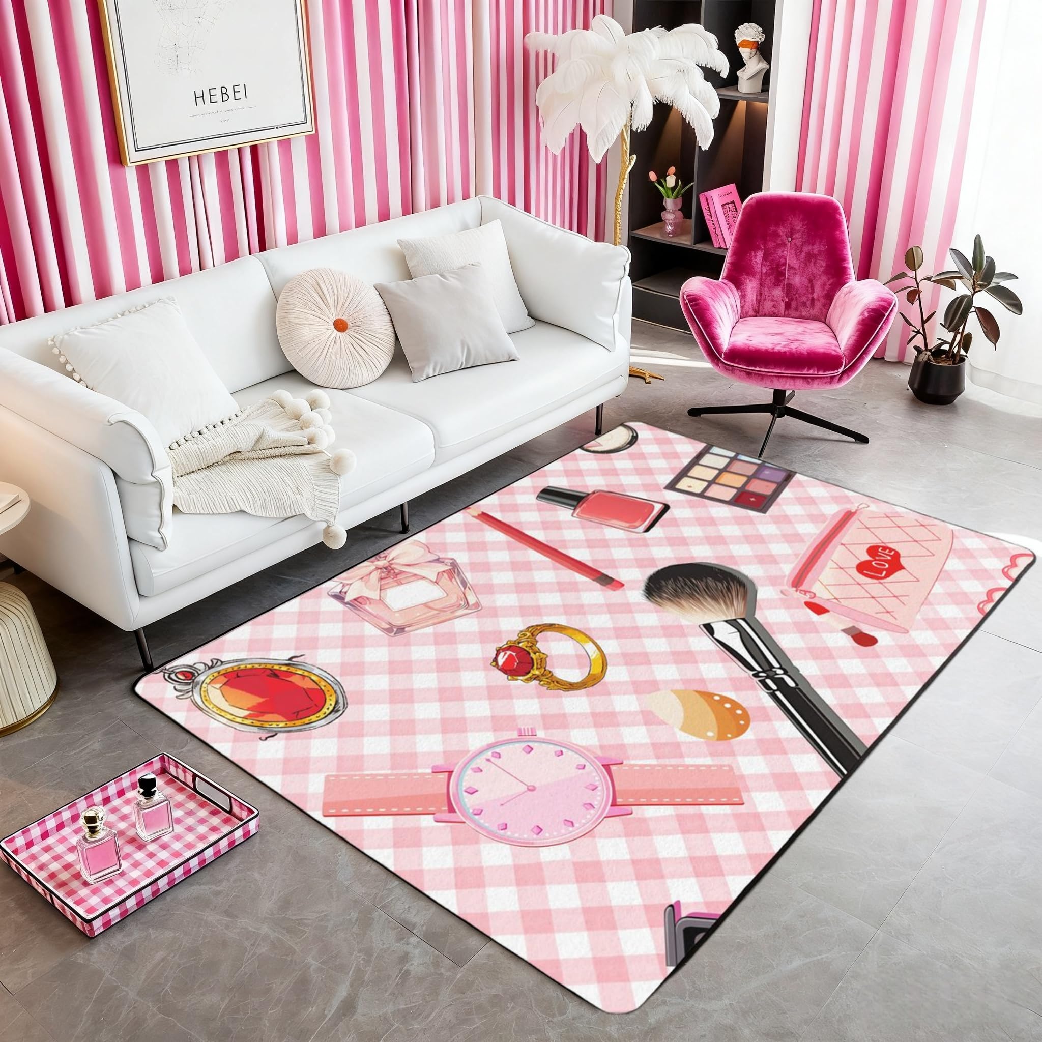 Girls Women Spa Area Rug,Cosmetics Theme Cartoon Lipstick Eye Shadow Ring Living Room Rugs for Adult,Pink White Geometric Stripe Grid Non Slip
