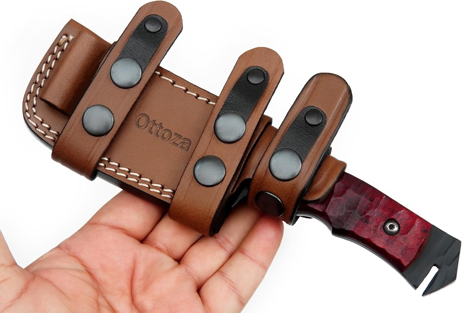 Ottoza Tanto Tactical Knife with Fixed Blade and Horizontal Carry Leather Sheath - Compact Military EDC Knife - Dark Red Micarta Handle 381