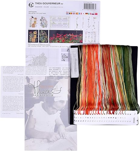 Miniatura 3 de Thea Gouverneur - Kit de punto de cruz, amapolas - Aida Black - 18 unidades - Kit de bordado para adultos - Hilos de bordado DMC y otros suministros