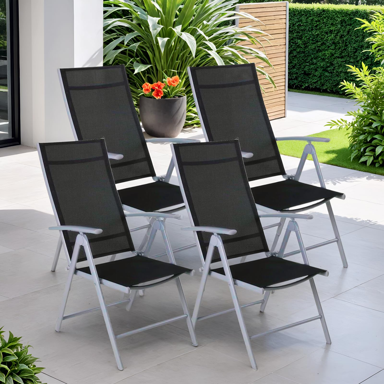 Clevich Gartenstühle Alu 4er Set, Gartenstuhl Hochlehner Klappbar mit 7-Fach Verstellbar Rückenlehne, Balkonstühle bis 120kg, Leicht Campingstühle, Ergonomisch Atmungsaktiv & Komfortabel, Silber Grau