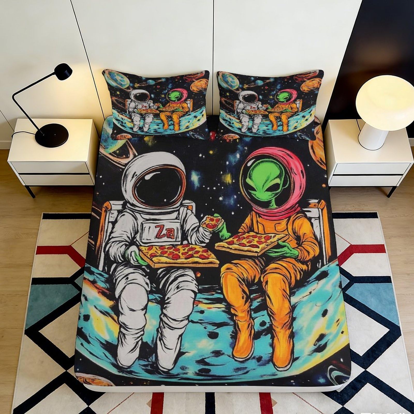 3D Printed Astronaut Alien Pizza Fitted Sheet Microfiber Soft Bedroom Decor Space Galaxy Bed Cover 90x200x25cm