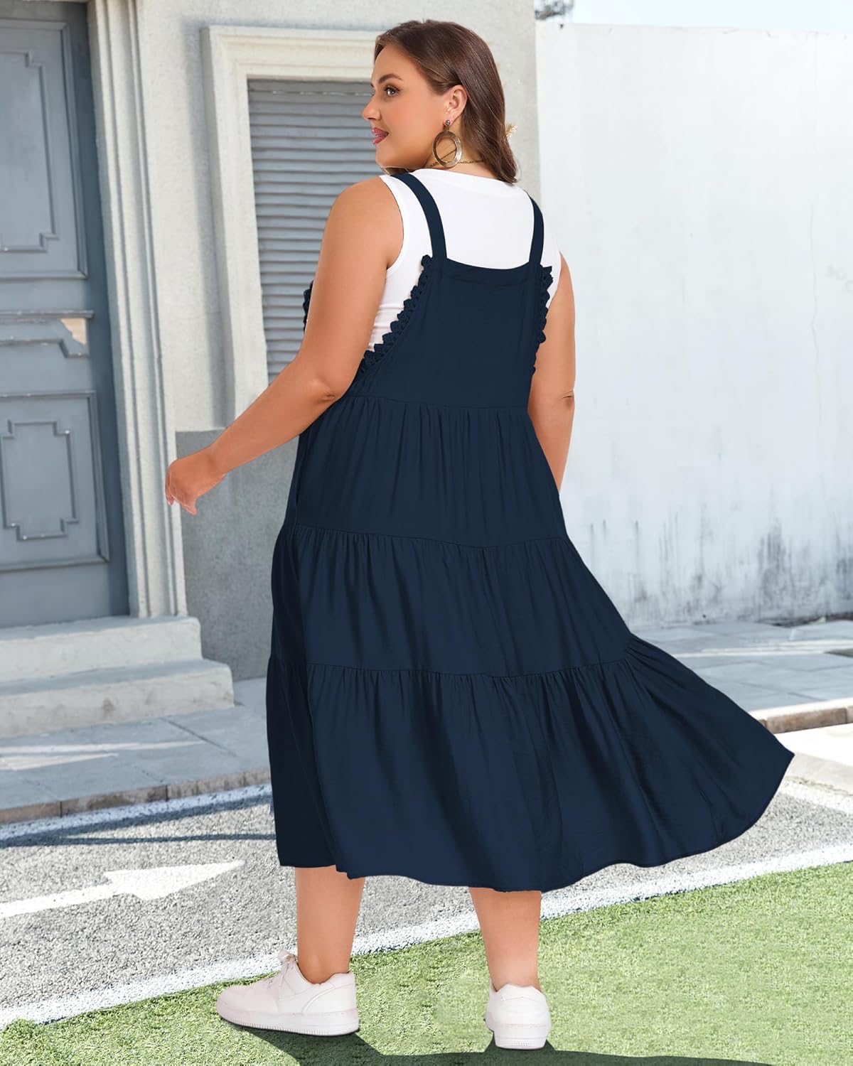 Moon Wood Plus Size Overall Dress for Women Casual Bib Jumper Dress with Pockets Adjustable Straps Summer Maxi Dress - Image 6