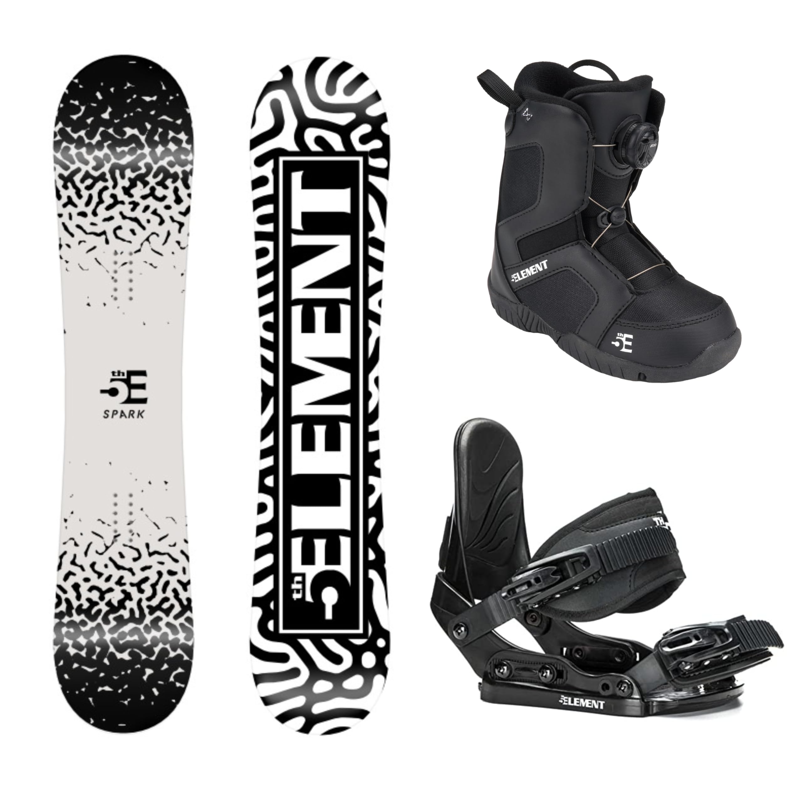5th Element Spark Snowboard for Kid's Freeride All Mountain, Beginner and Intermediate Snowboarders with Rocker, Stealth Jr Bindings and ST Mini ATOP