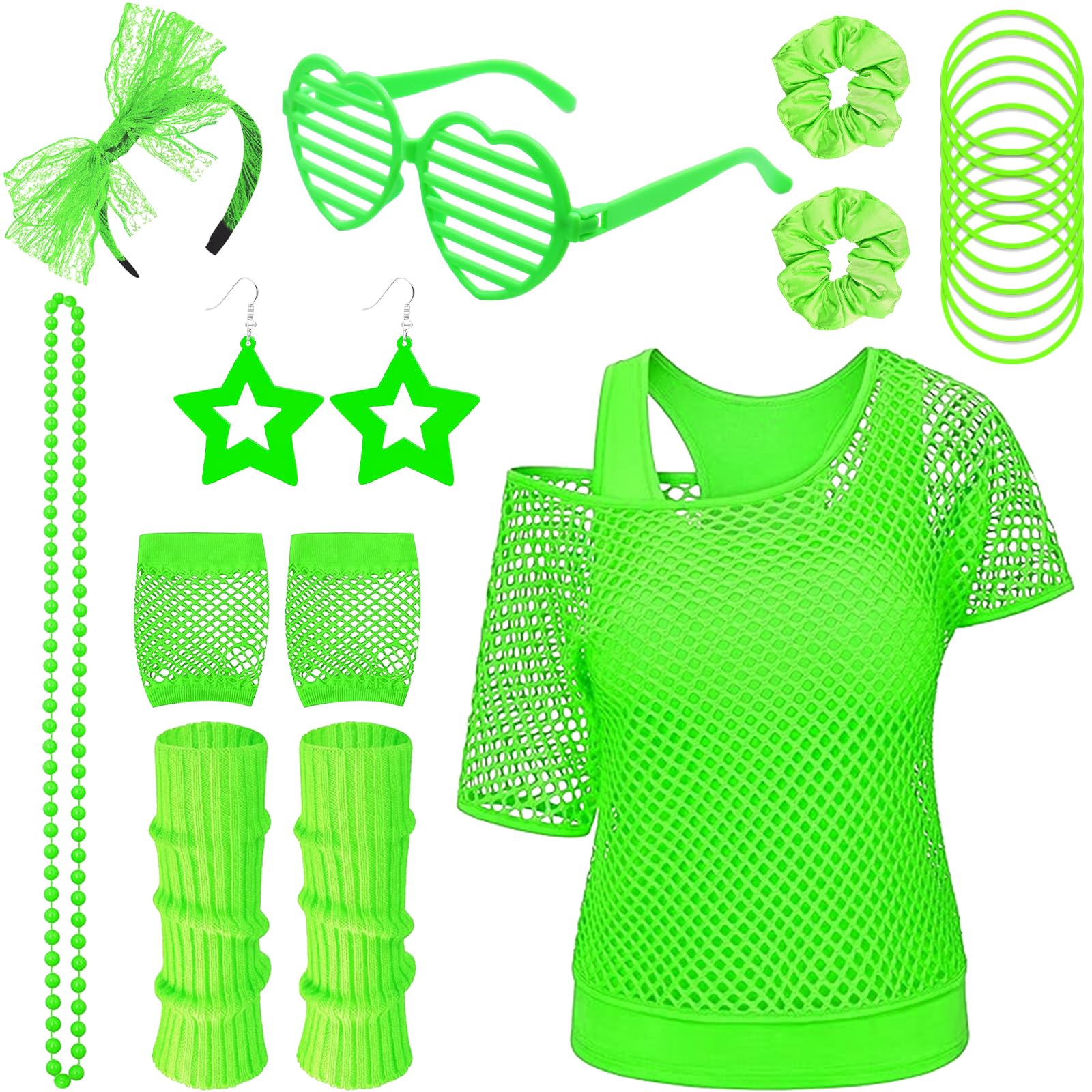 Saier tbo 20Pcs 80s Costume Accessories Set for Women, 1980s Fancy Dress Outfit Kit with Fishnet Top Tank Top Leg Warmers Fishnet Gloves for Girls 80s Theme Party Disco Party Cosplay Dress Up
