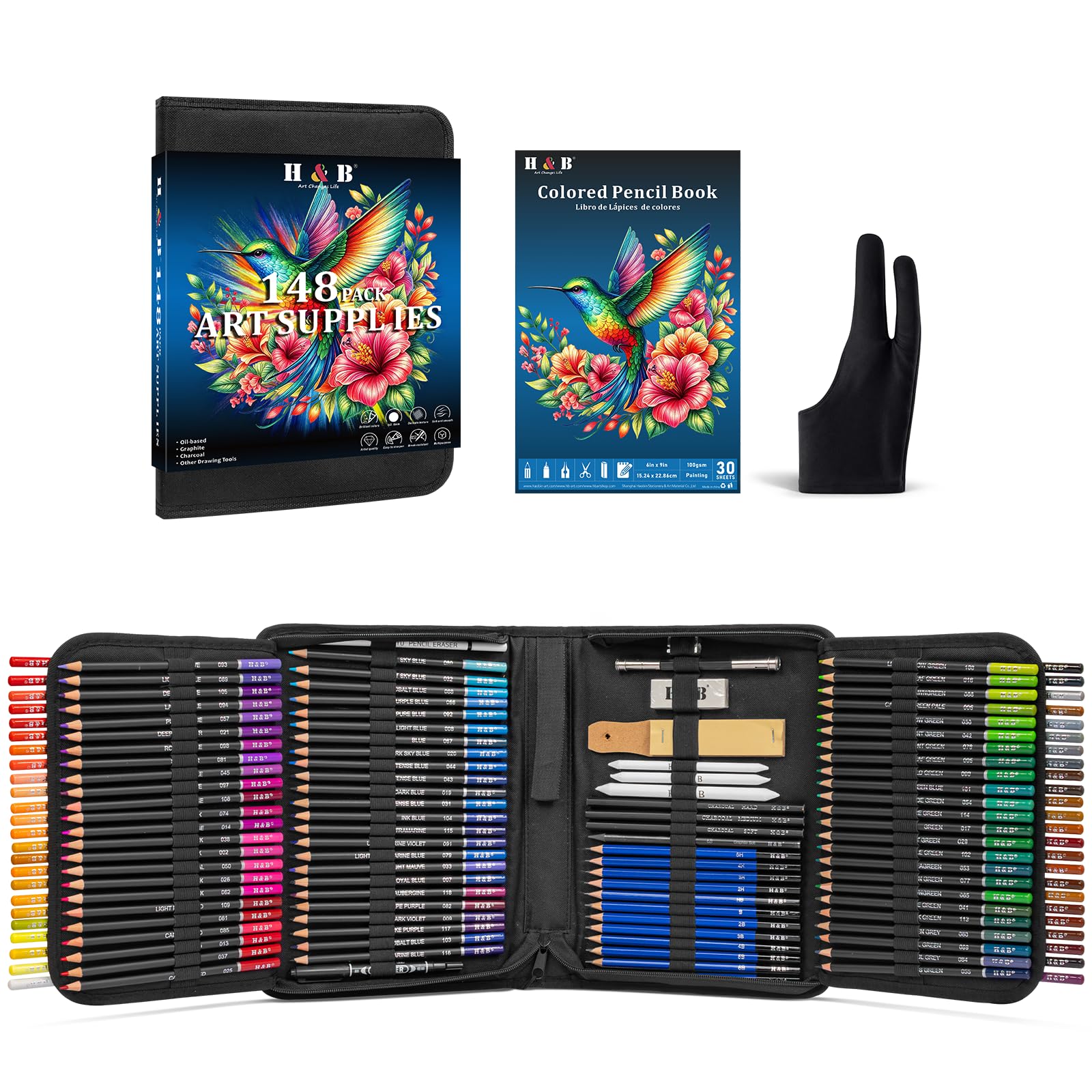 H &amp; B 148PCS Drawing Kit Colored Pencils Set for Adults with Sketchbook