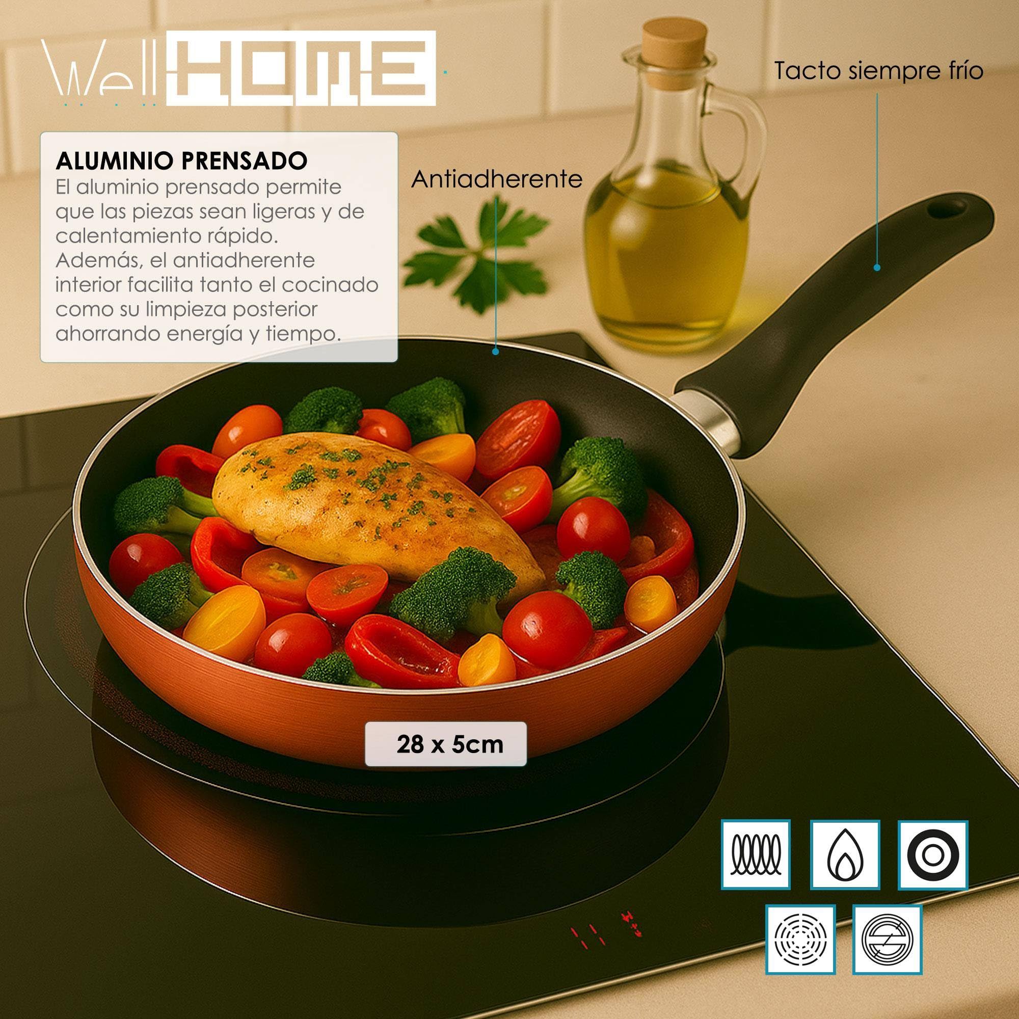 Well Home Pack Batería de cocina 7 Piezas en acero inoxidable + Sartenes Ø16Ø20Ø24Ø28cm Aluminio prensado Bronce metalizado