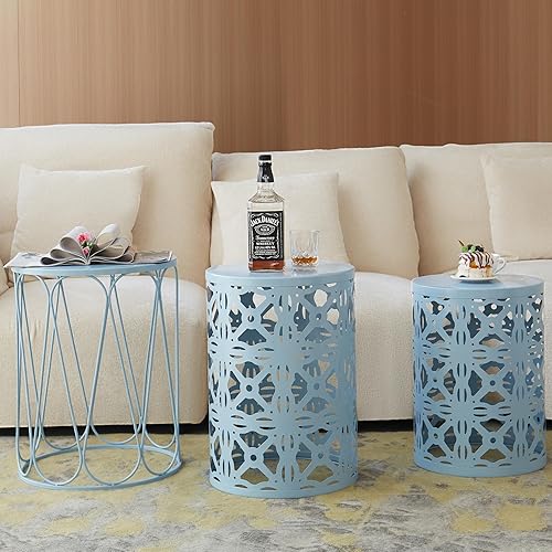 Miniatura 8 de Y&M Juego de 3 mesas auxiliares redondas de alta resistencia, mesa auxiliar, mesa auxiliar para uso multifuncional en interiores, taburete de jardín