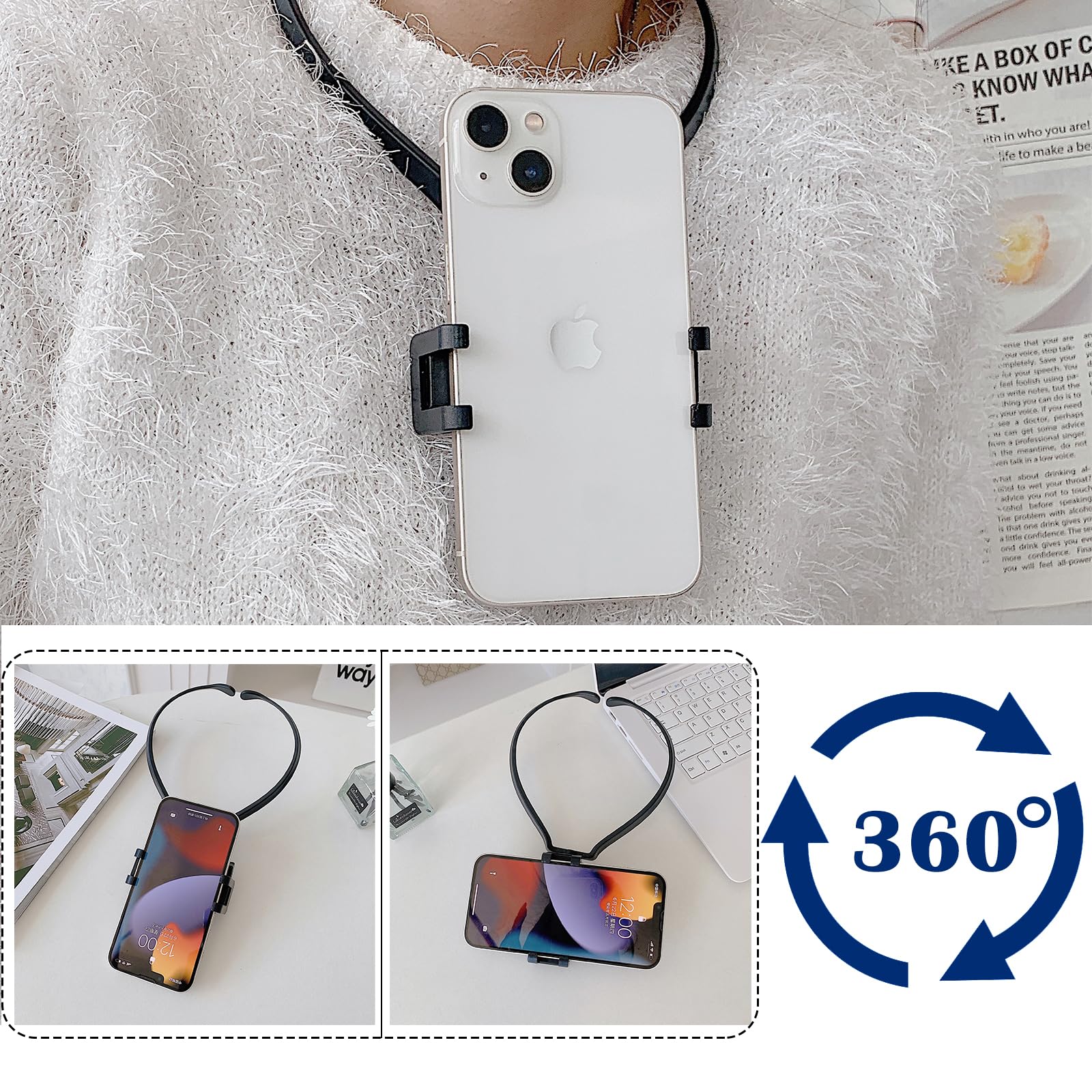 Ysnzaq POV/Vlog Nackenhalterung für Telefone mit Telefonclip, Freihändiges Telefon Halshalter, 360°Drehung Selfie-Halterung am Hals für iPhone Samsung Gopro und alle Smartphone GBZ Black