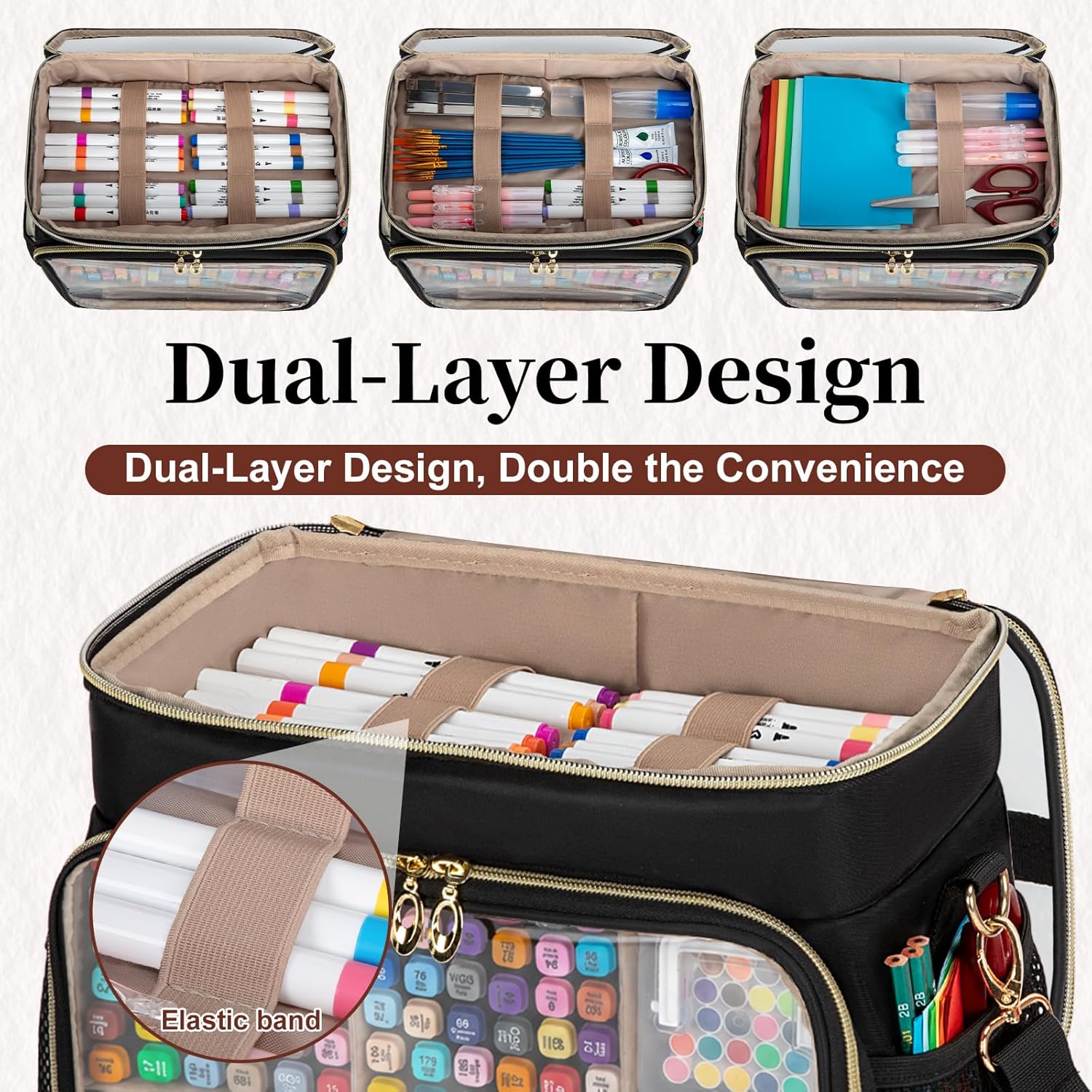 Large Marker Organizer Case for 200-300 Markers, Double-Layer Marker Bag with Removable Dividers, Marker Organizer for Markers, Pencils, Crayons or Other Art Supplies, Black (Bag Only)