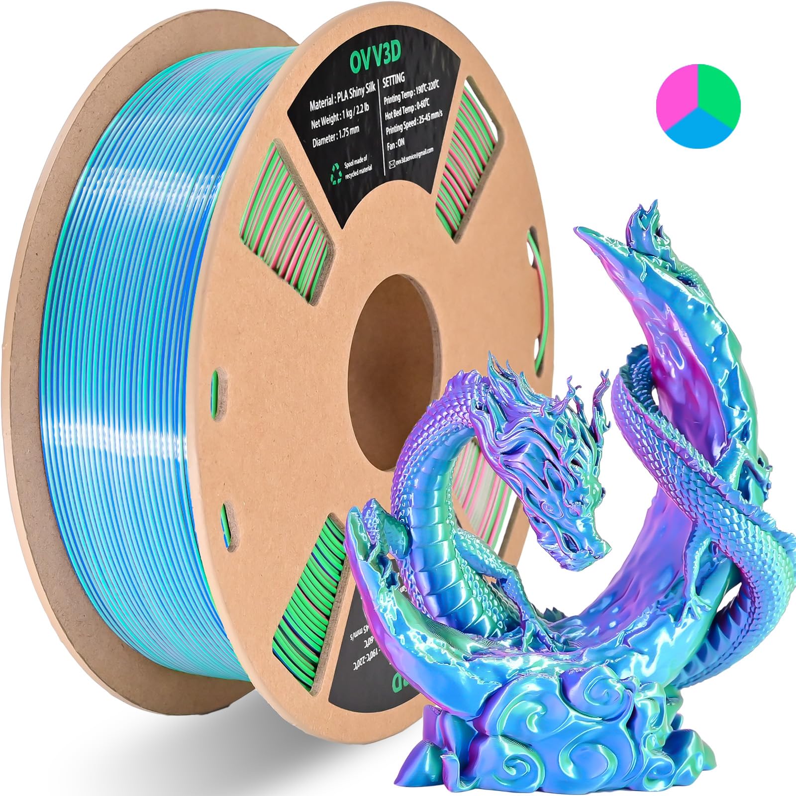 OVV3D Filament PLA 1,75 mm trójkolorowy, filament do drukarki 3D, jedwabny filament PLA, tęczowy filament PLA z jedwabnym PLA, błękitny, różowo-czerwony i zielony, filament do drukowania 3D +/-0,02
