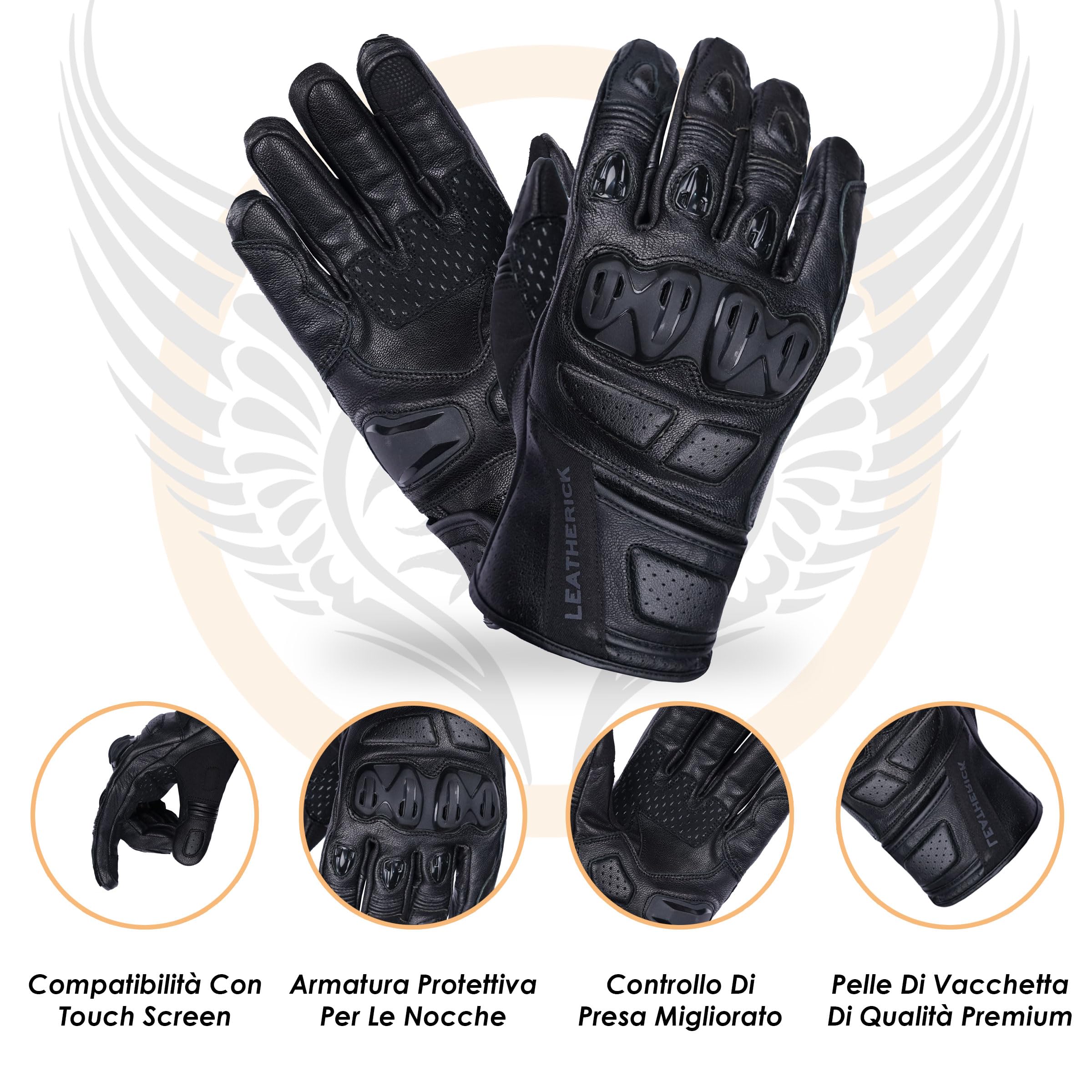 Leatherick Guanti Moto da Uomo Neri in Vera Pelle Certificati CE con Nocche Protettive, Palmo Imbottito con Slider in TPR e Compatibilità Touchscreen