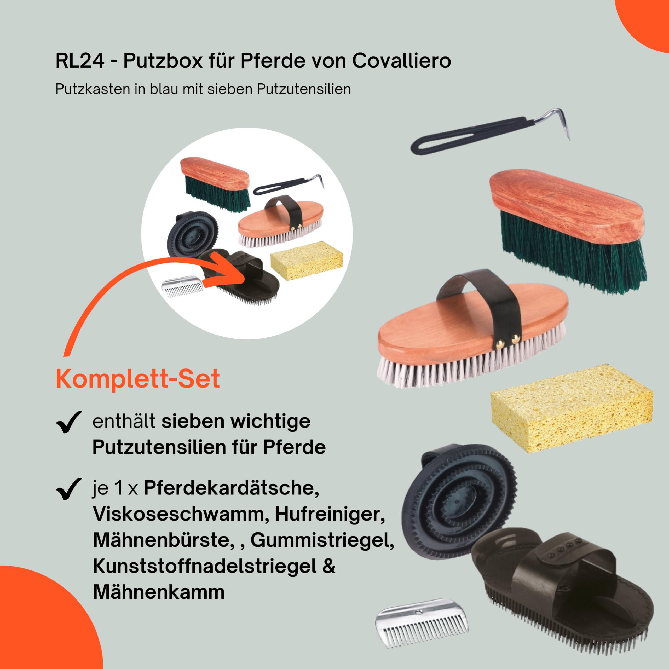 RL24 - Putzbox für Pferde von Covalliero | Putzkasten mit Hufreiniger, Mähnenkamm, Striegel, Schwamm, Kardätsche & Pferdebürste | Putzkoffer für Pferde | Pferdepflege Set 7-teilig