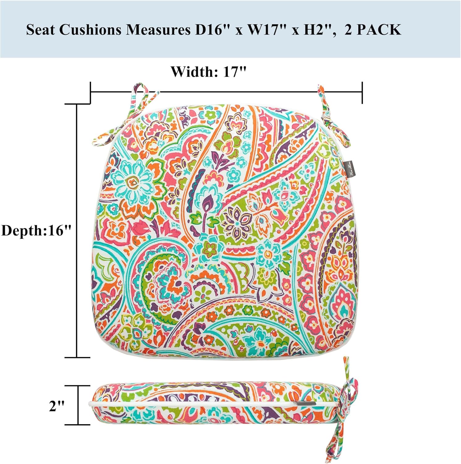 FUNHOME Outdoor Chair Cushions Set of 2, Water-Repellent Patio Seat Cushions D16xW17 Inch, Round Corner Patio Chair Pads with Tie, Seat Cushions for Furniture Garden Office Decoration, Melora Paisley