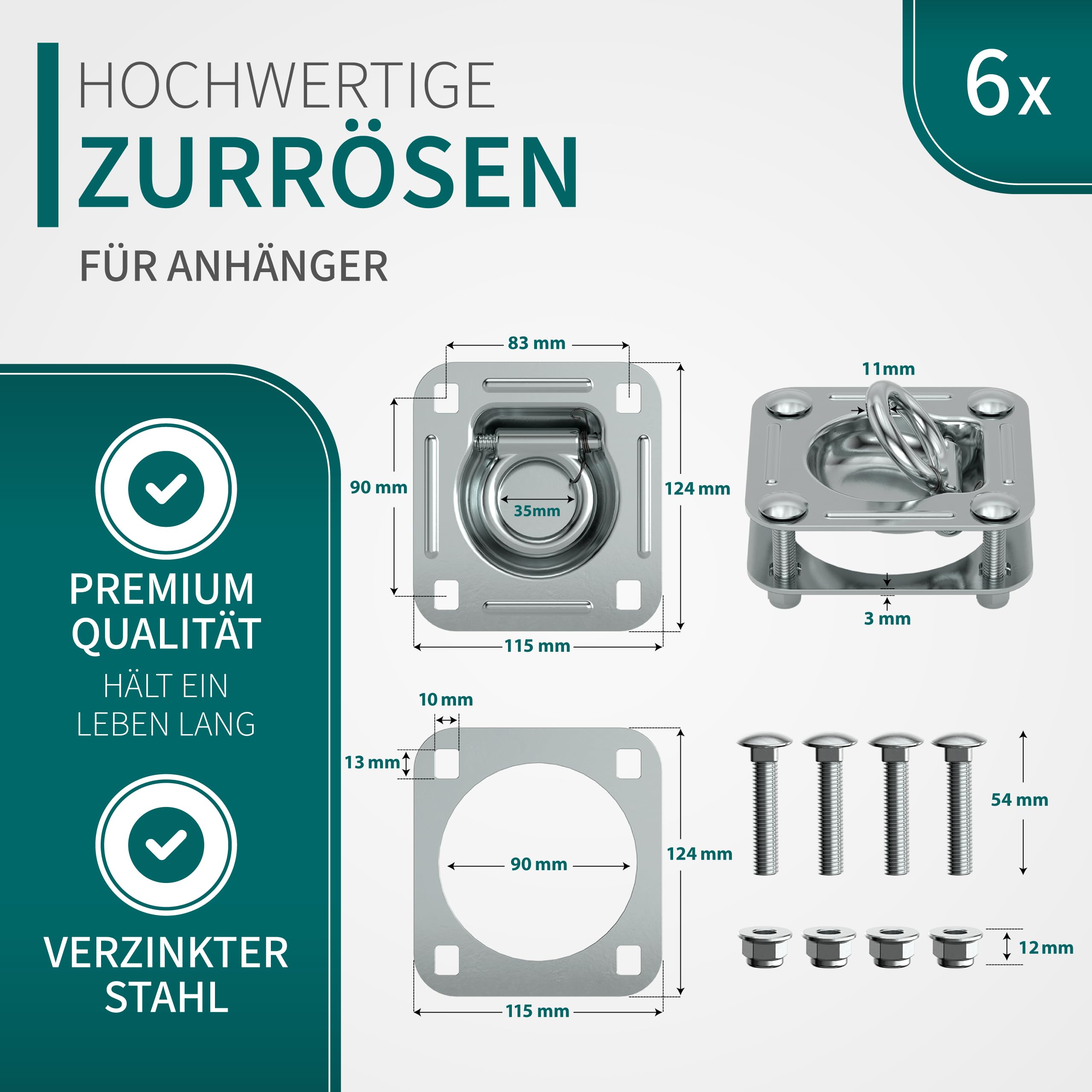 Anhänger Zurrösen mit Gegenplatten inkl. Schrauben [6er Set] Robuste Zurrmulden | Zugkraft von 2700daN pro Zurrhaken | Langlebige Verzurrösen aus verzinktem Stahl