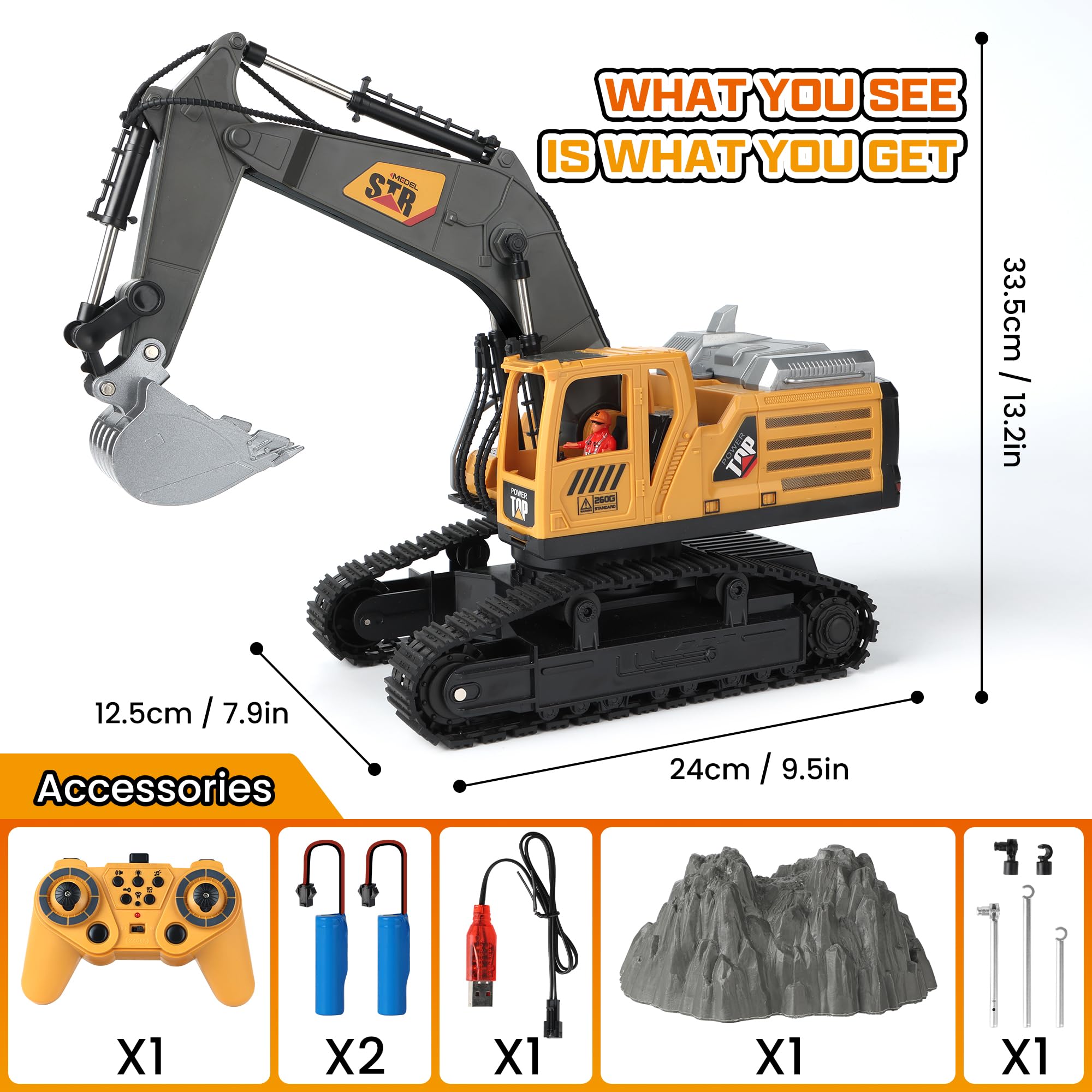 Pelleteuse Télécommandée Enfant Jouet RC Tractopelle Telecommandé Son Lumière, Pelle Métallique, Jouet Engin Chantier Cadeau Anniversaire Enfants 3 4 5 6 7 8 Ans