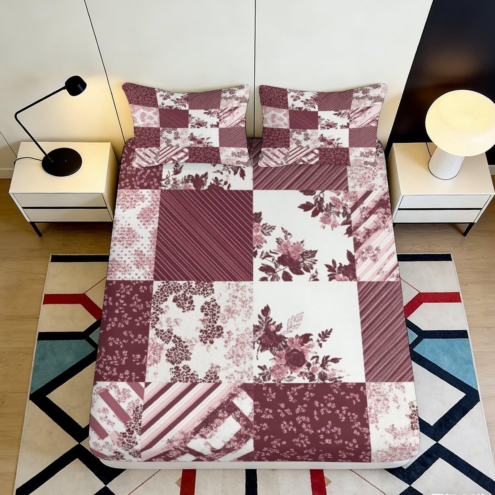 Pnayamiorkfel Style-2 3D Printed Burgundy Patchwork Fitted Sheet Microfiber Floral Striped Mattress Cover For Bedroom Dorm Decor 90X200x25cm
