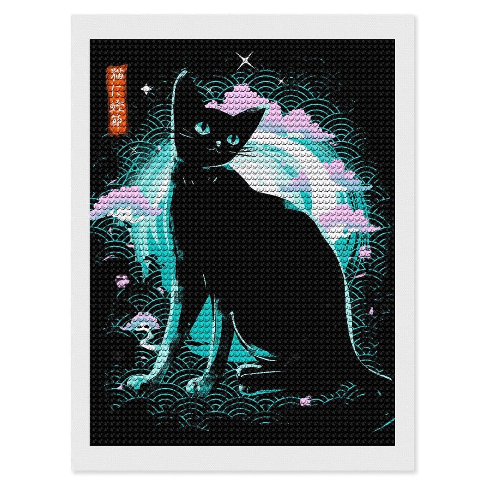 Junmoney Japanese Cat Diamond Art Canvas 12"x16", for Adults, Mindful Craft Activity, Modern Decor, Christmas Gift, Full Kit Included