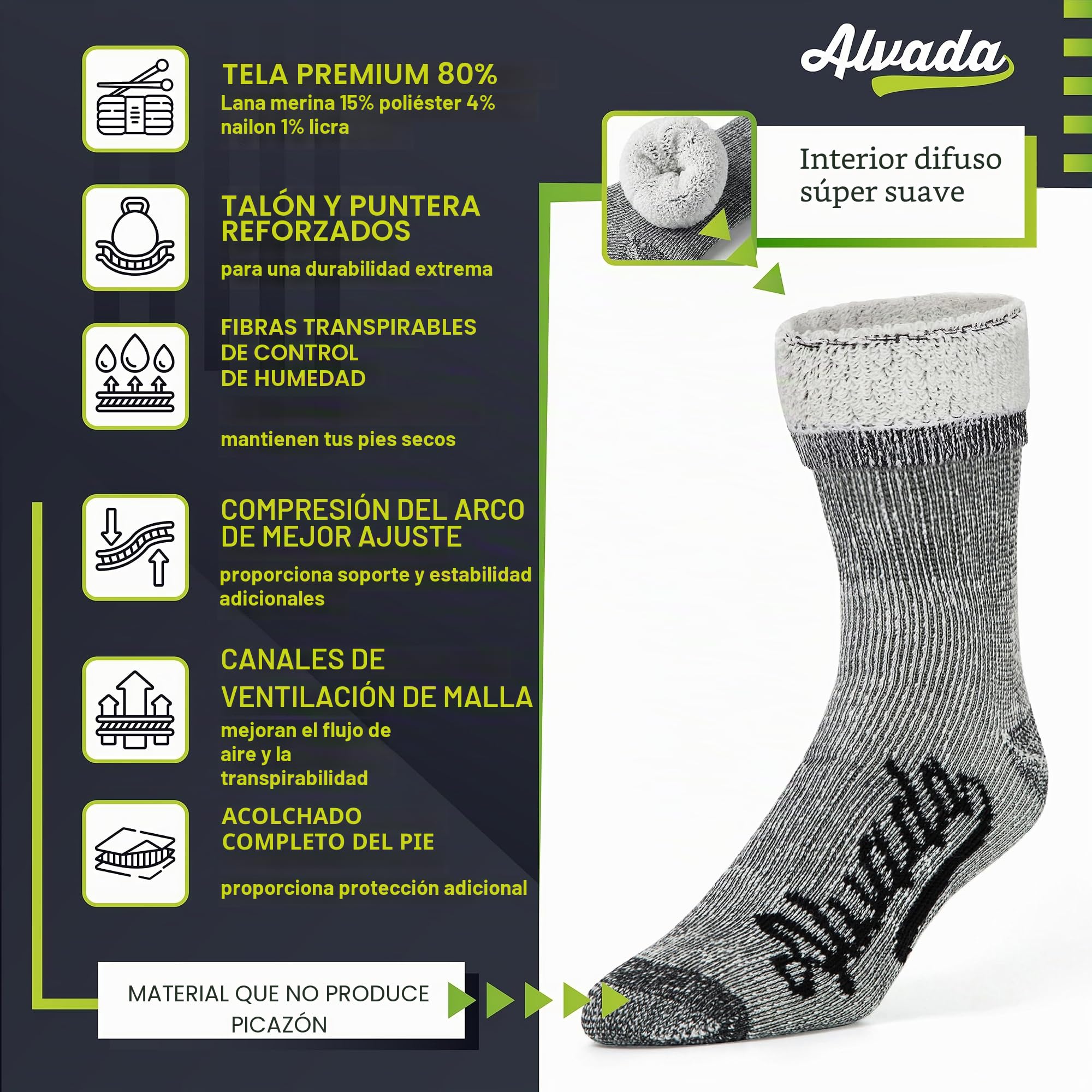 Alvada Calcetines de senderismo de lana merino 80% térmica, cálidos, calcetines de invierno para hombres y mujeres, 3 pares
