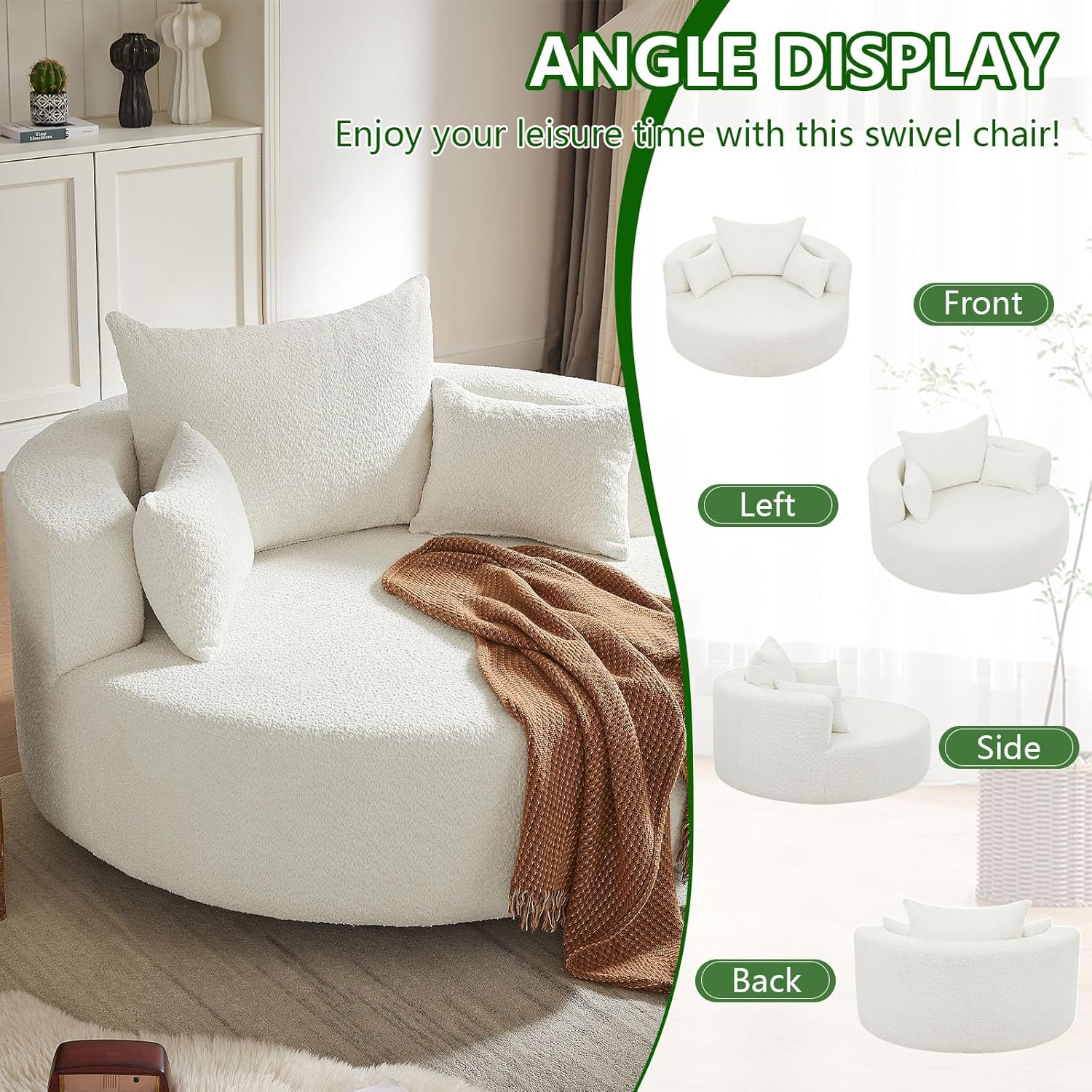 55.1" W Oversized Swivel Accent Chair, Large 360° Rotating Barrel Chair with 6 Pillows, Comfy Chenille Round Swivel Armchair for Living Room, Bedroom, Beige
