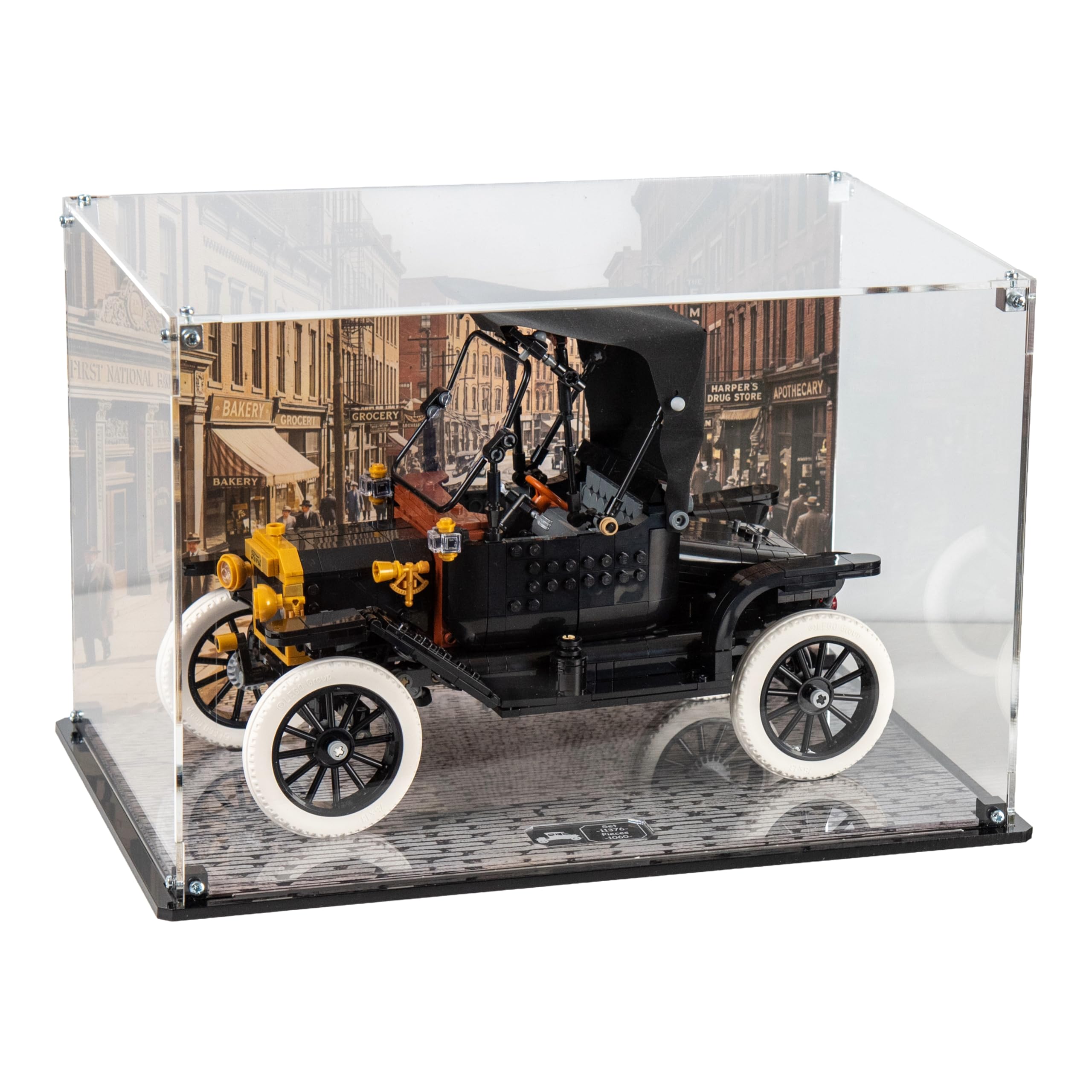 Acrylic Display Case compatible with LEGOยฎ Icons: Ford Model T (11376) (Printed Back panel, Black Base)