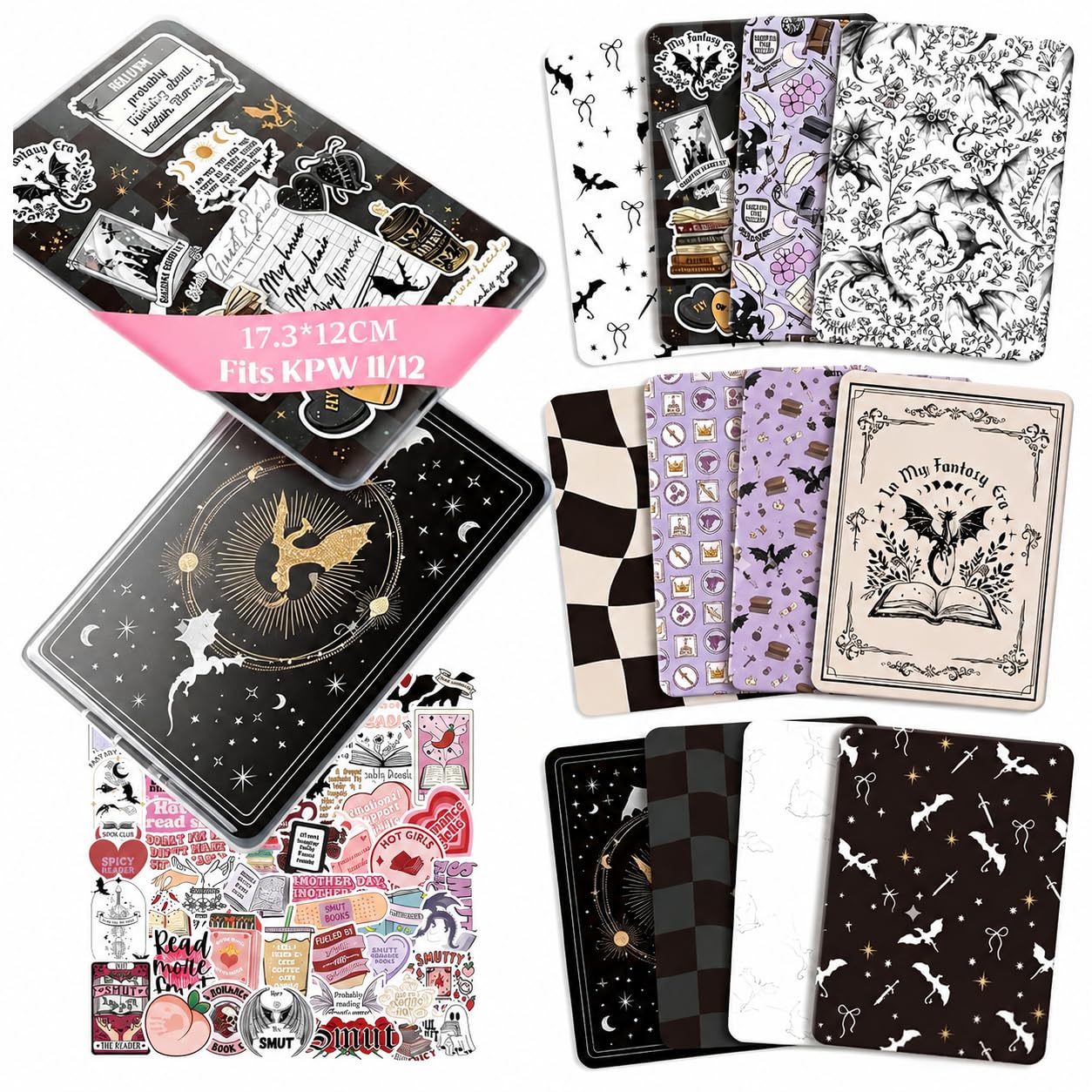 Nymora 12PCS Fantasy Theme Kindle Inserts + 50PCS Stickers, 6.9"x4.8" Cardstock Compatible With Kindle Paperwhite 11th 12th Gen, E-Reader Decor Accessory for Book Lovers