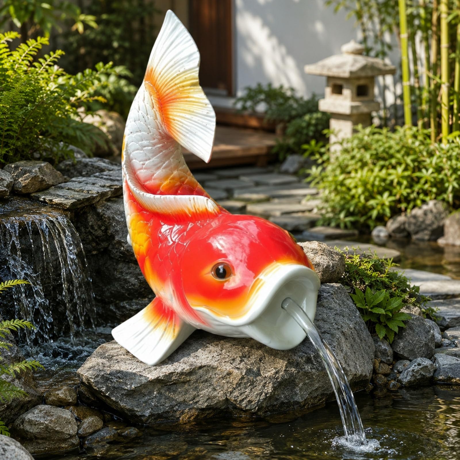 Zampilli D'Acqua per Piccoli Laghetti Statua Carpa Koi In Resina Con Getto D'Acqua Con Pompa Dell'Acqua Fontana Giardino per Laghetto Patio Cortile Acquario Without base