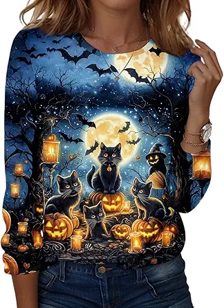 Halloween Shirts for Women Long Sleeve Plus Size Fashion Crewneck Comfortable Tshirts Halloween Costumes for Women