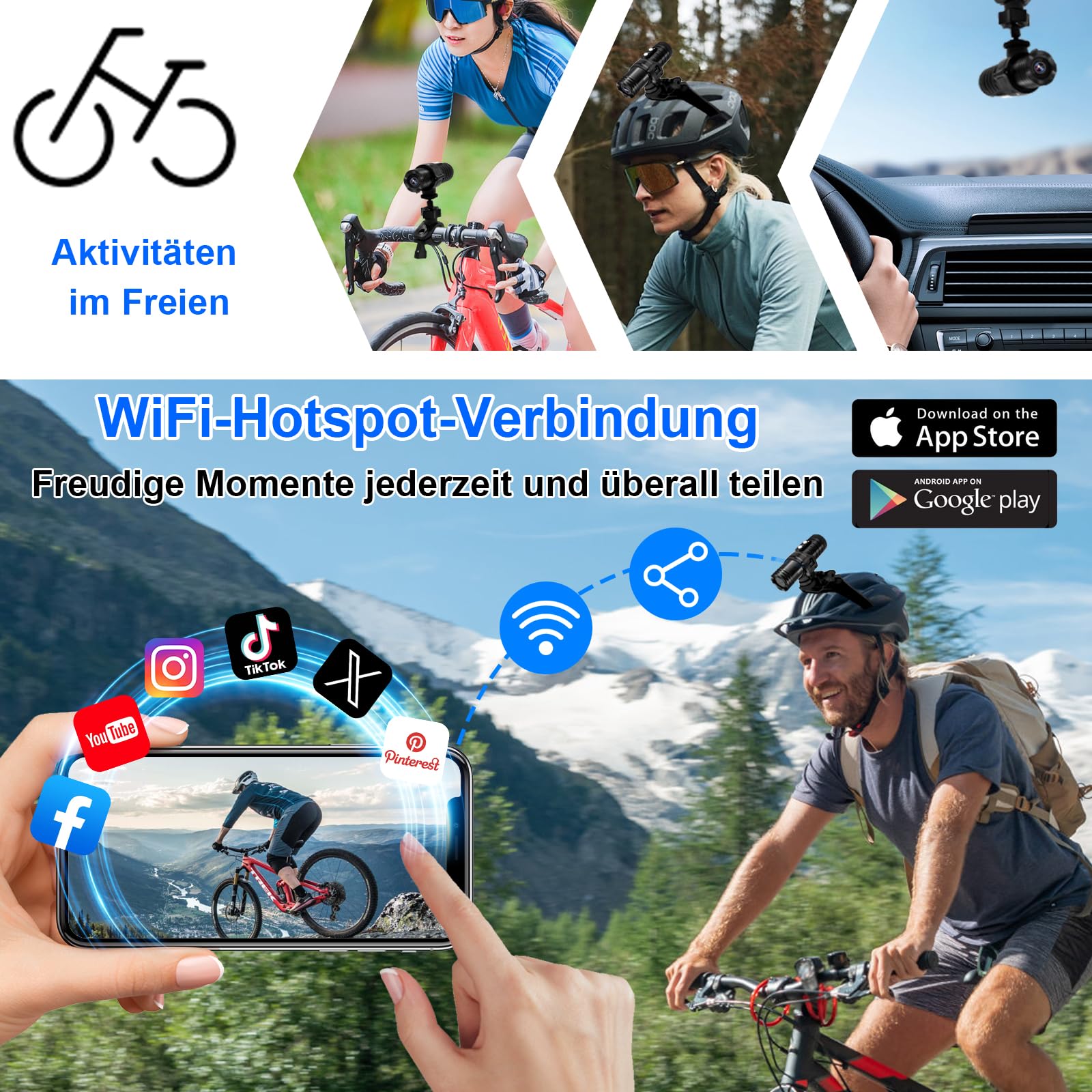 TANGMI Helmkamera, WiFi Action Cam, 1080P HD & 120° Weitwinkel Helmkamera Motorrad mit Automatischer Horizontausrichtung und Großem Akku für 7 Stunden