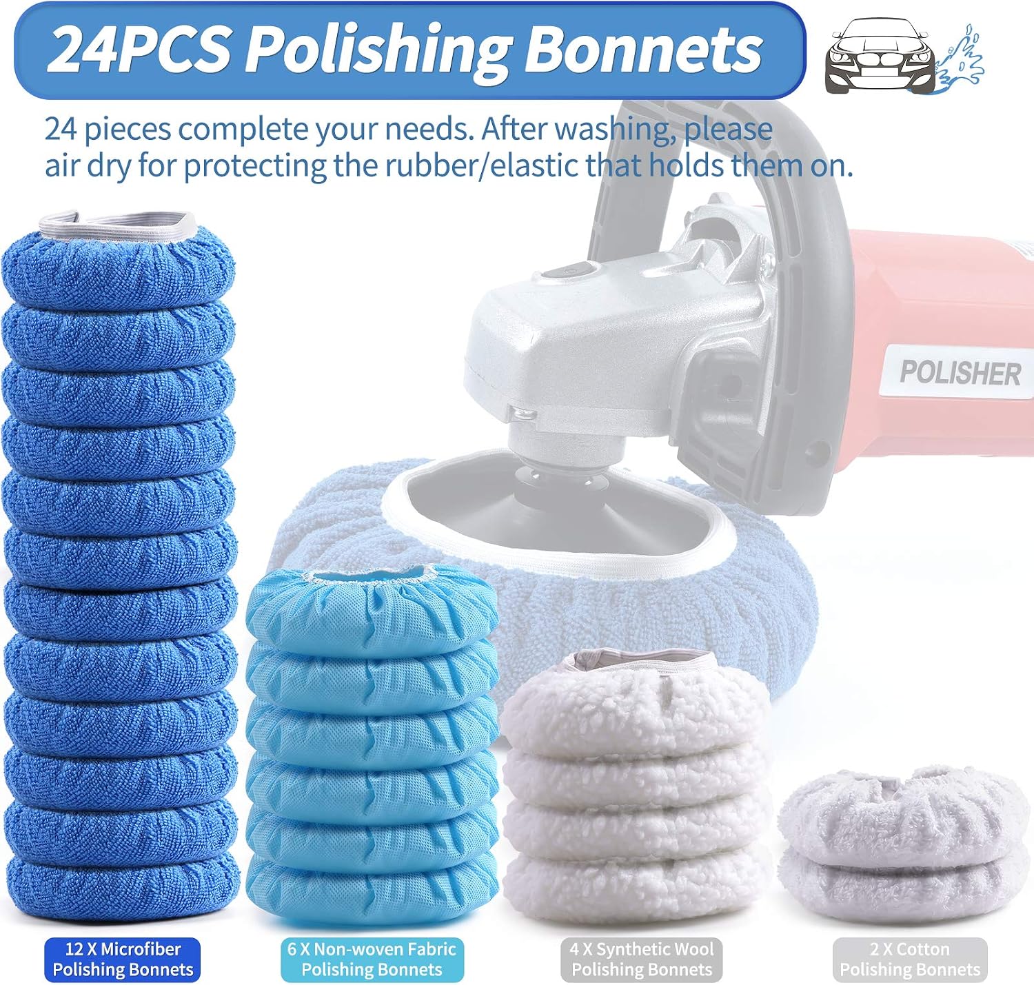 OTUAYAUTO 24PCS 5-6 Inch Car Polisher Bonnet - 12 Microfiber, 6 Non-Woven Fabric, 4 Woolen, 2 Cotton Auto Polishing Bonnets, for Orbital Buffer Polisher