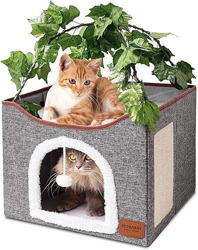 PETKARAY Cueva para gatos, camas para gatos de interior, casa de cubo cubierta para gatos con bola de felpa y almohadilla para rascar, condominio