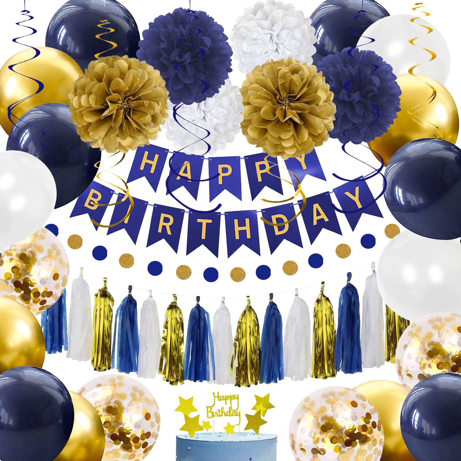 Birthday Decorations for Men, Navy Blue Gold White Happy Birthday Party Decorations Set - Banner, Balloons, Tissue Pompoms, Swirls, Tassels Garland