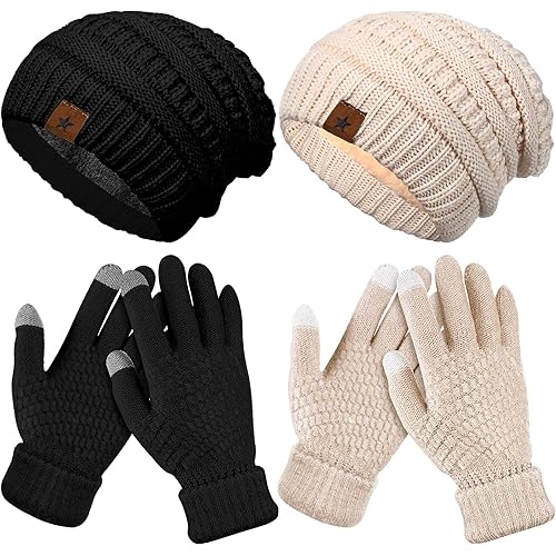 4 Pcs Women Winter Glove and Hat Set Winter Hat Touchscreen Gloves Warm Knitted Beanie and Mittens for Women(Black, Beige)