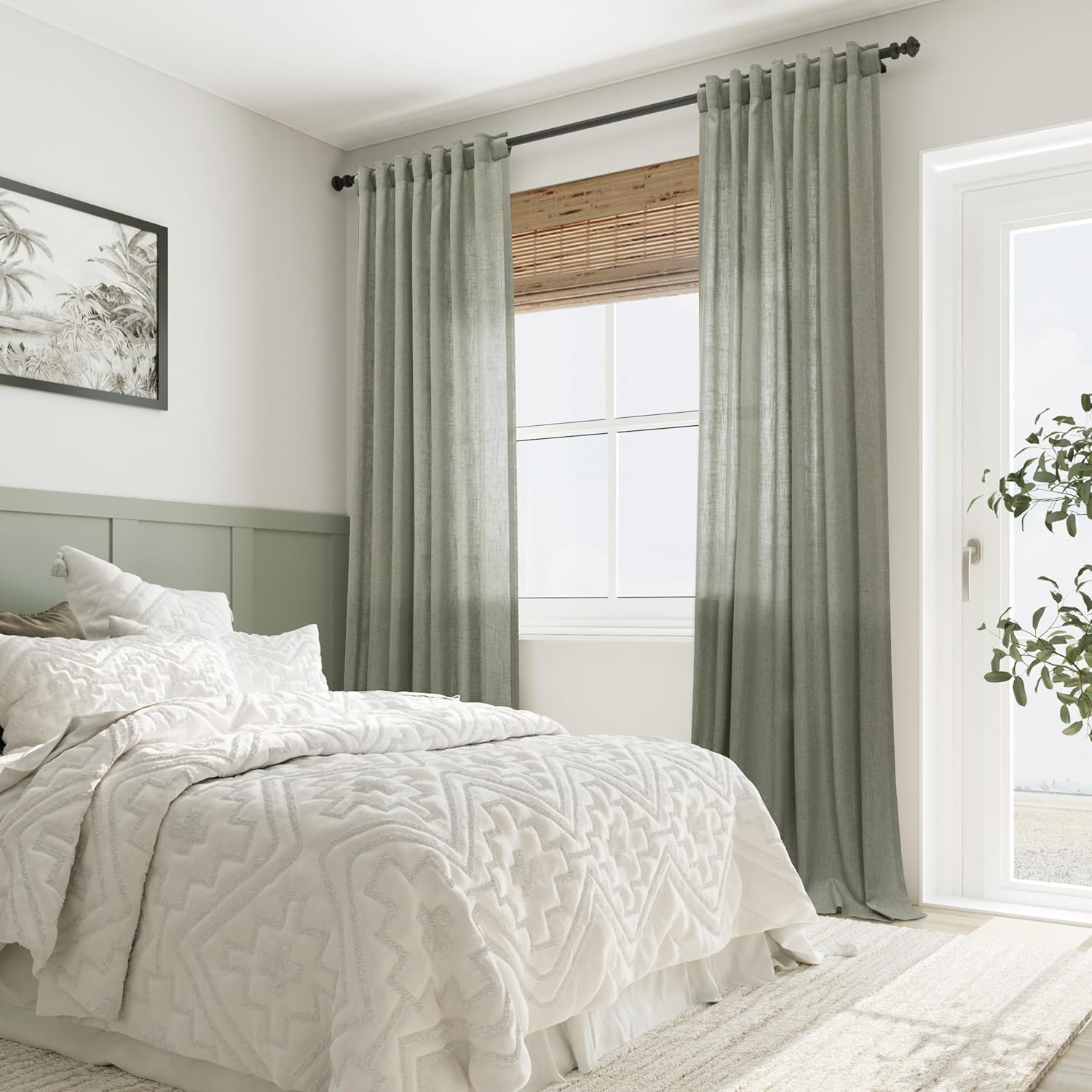 Sage Green Semi Sheer Linen Curtains 84 Inch Length 2 Panels Set Back Pocket Living Room Window Treatments Drapes Boho Farmhouse Light Green Curtain for Nursery Bedroom Closet Door 52x84